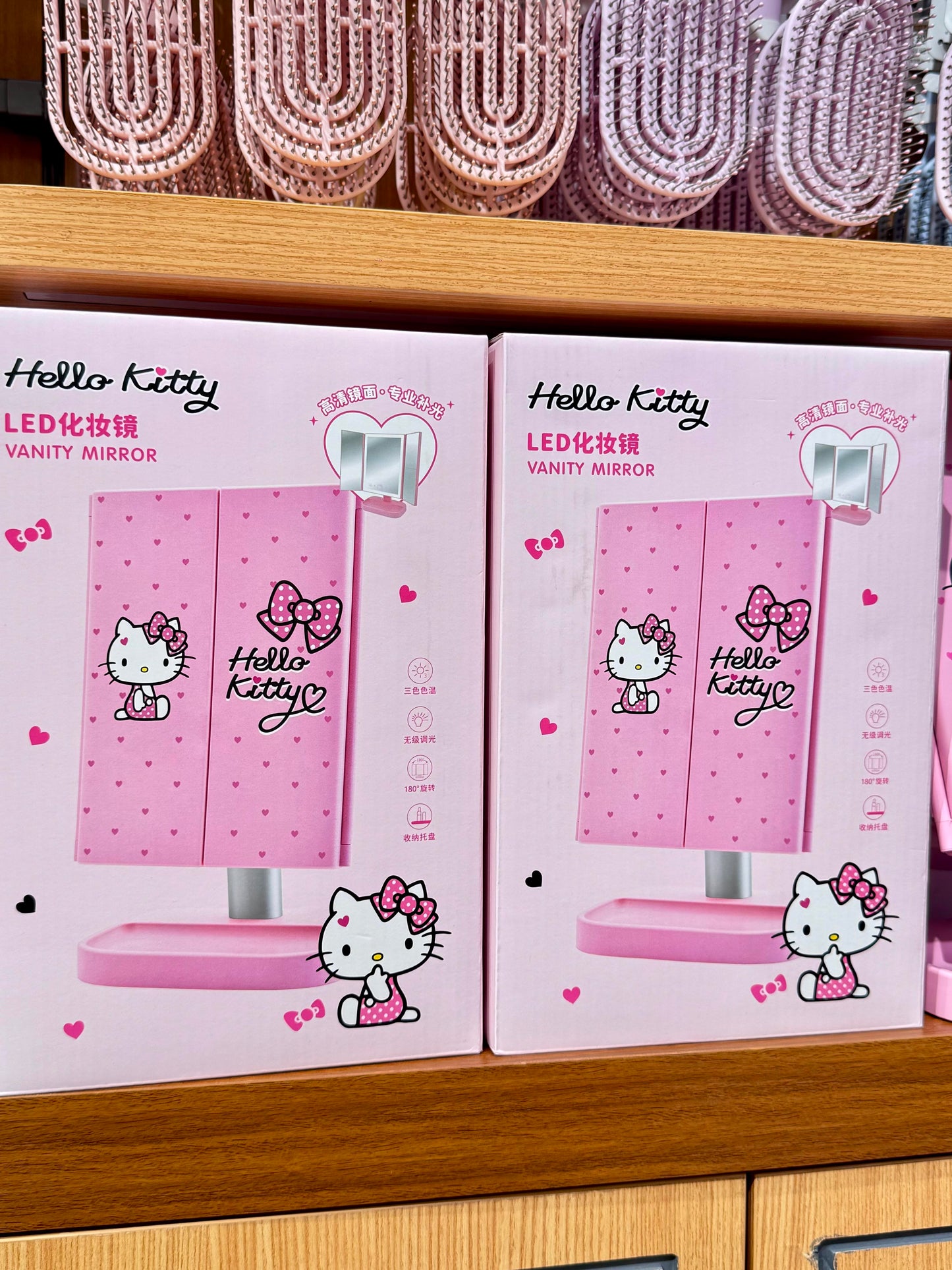 Hellokitty Pink Dresser Mount Tri-Fold Lighted Vanity Mirror with LED Lights, Touch Screen and 3X/2X/1X Magnification, Make Up Mirror,Travel Mirror