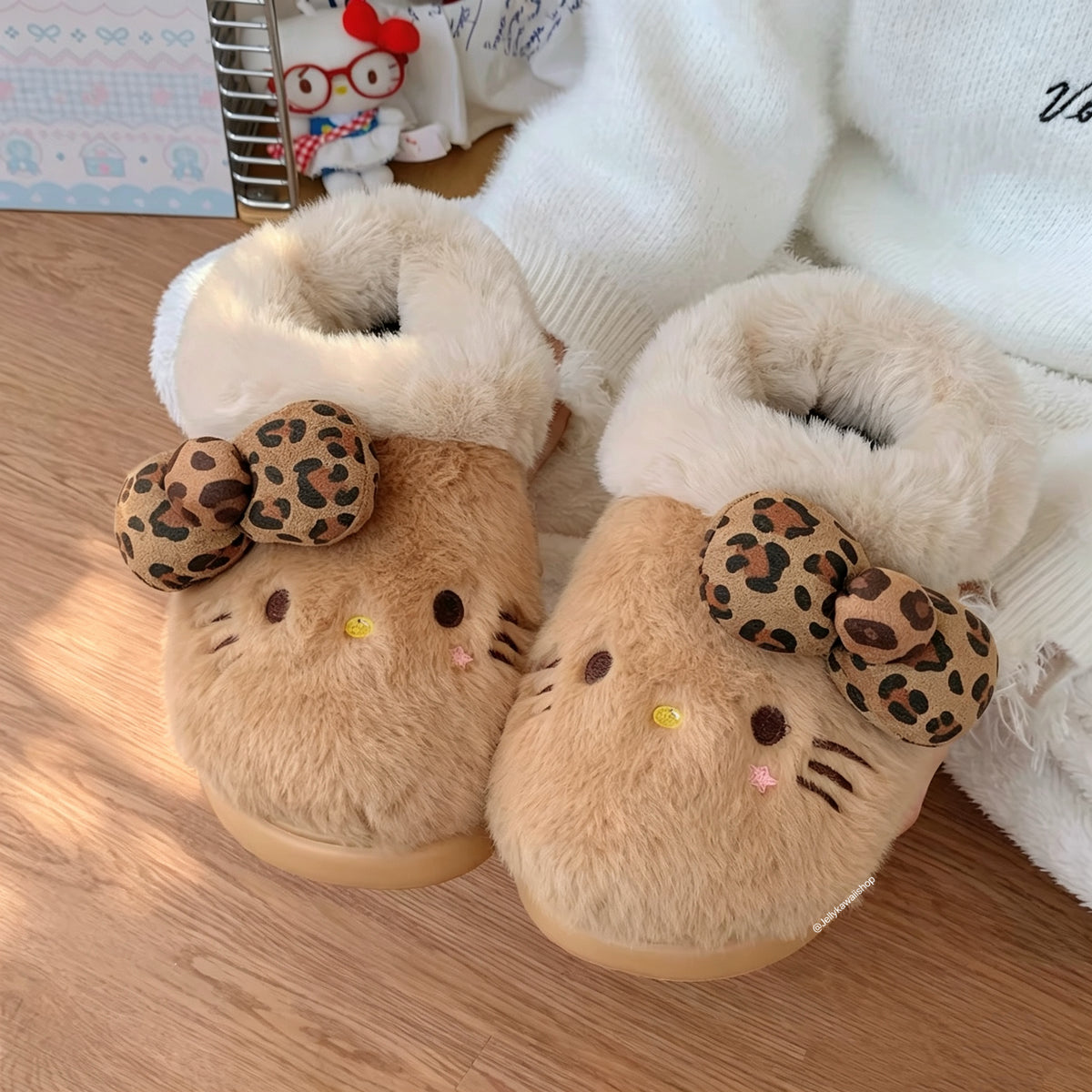 Hello Kitty Leopard Print Brown Fuzzy Slippers