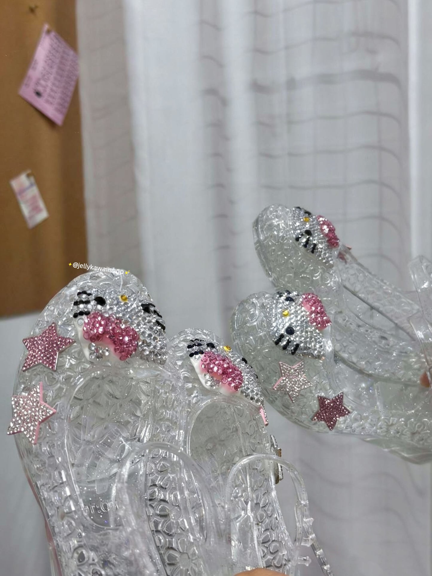 Hellokitty Handmade Rhinestone Flat Jelly Shoes Hollow Out Crystal Jelly Heel Summer Beach Sandals