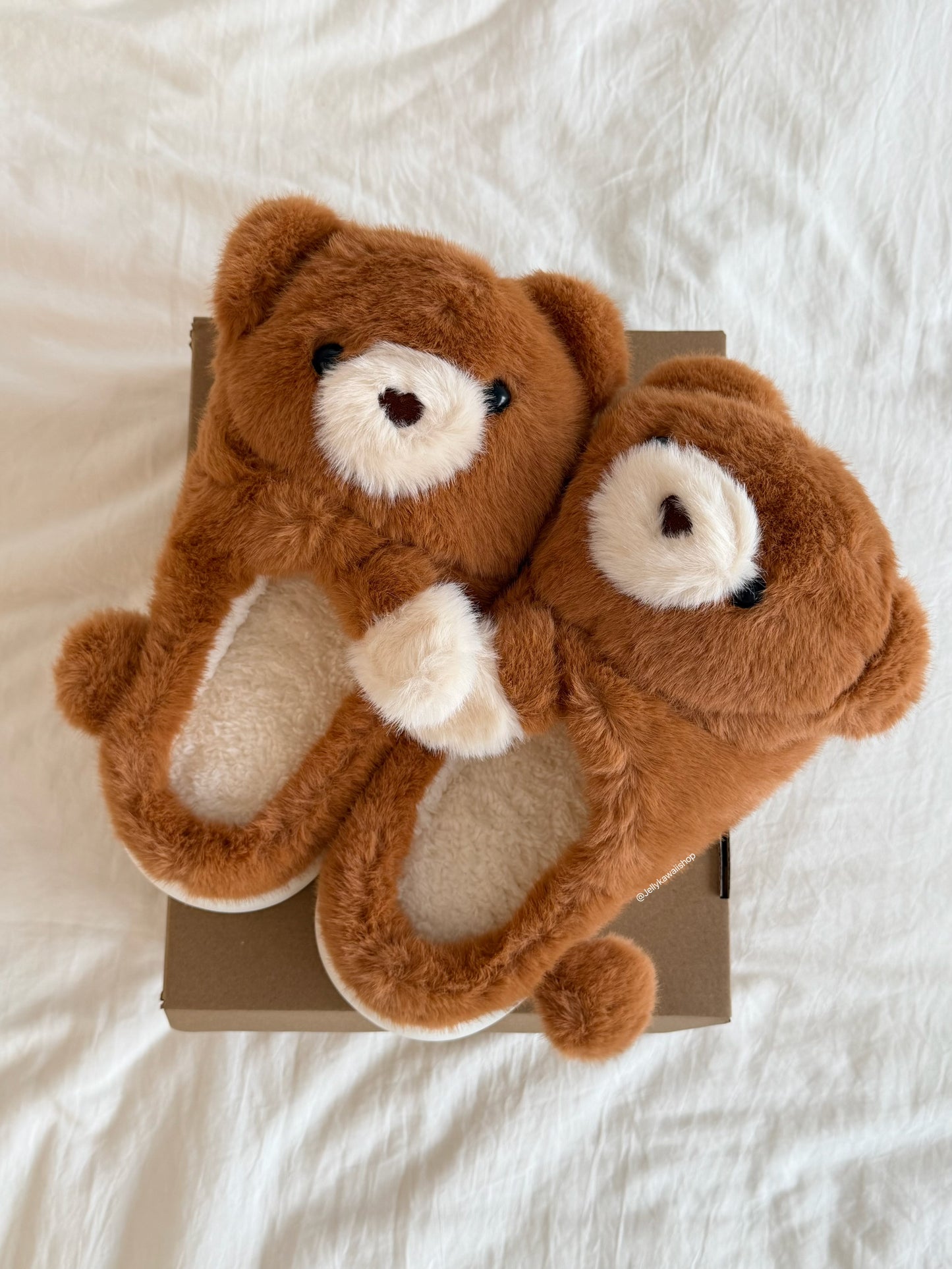 Girly Fuzzy Fluffy Brown Hugging Bear Plush Slippers