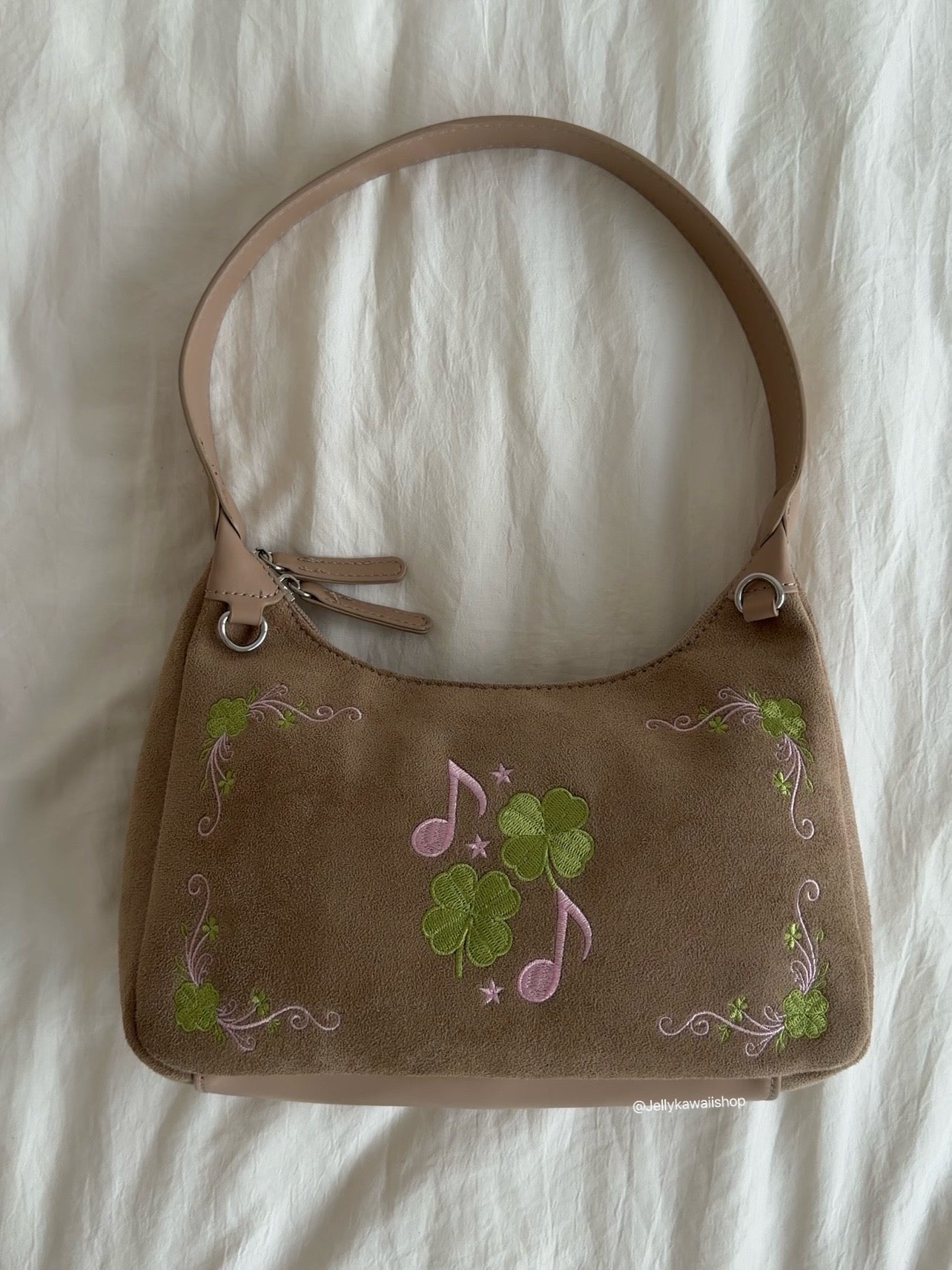 Four-Leaf Clover Music Note Suede Shoulder Tote Bag