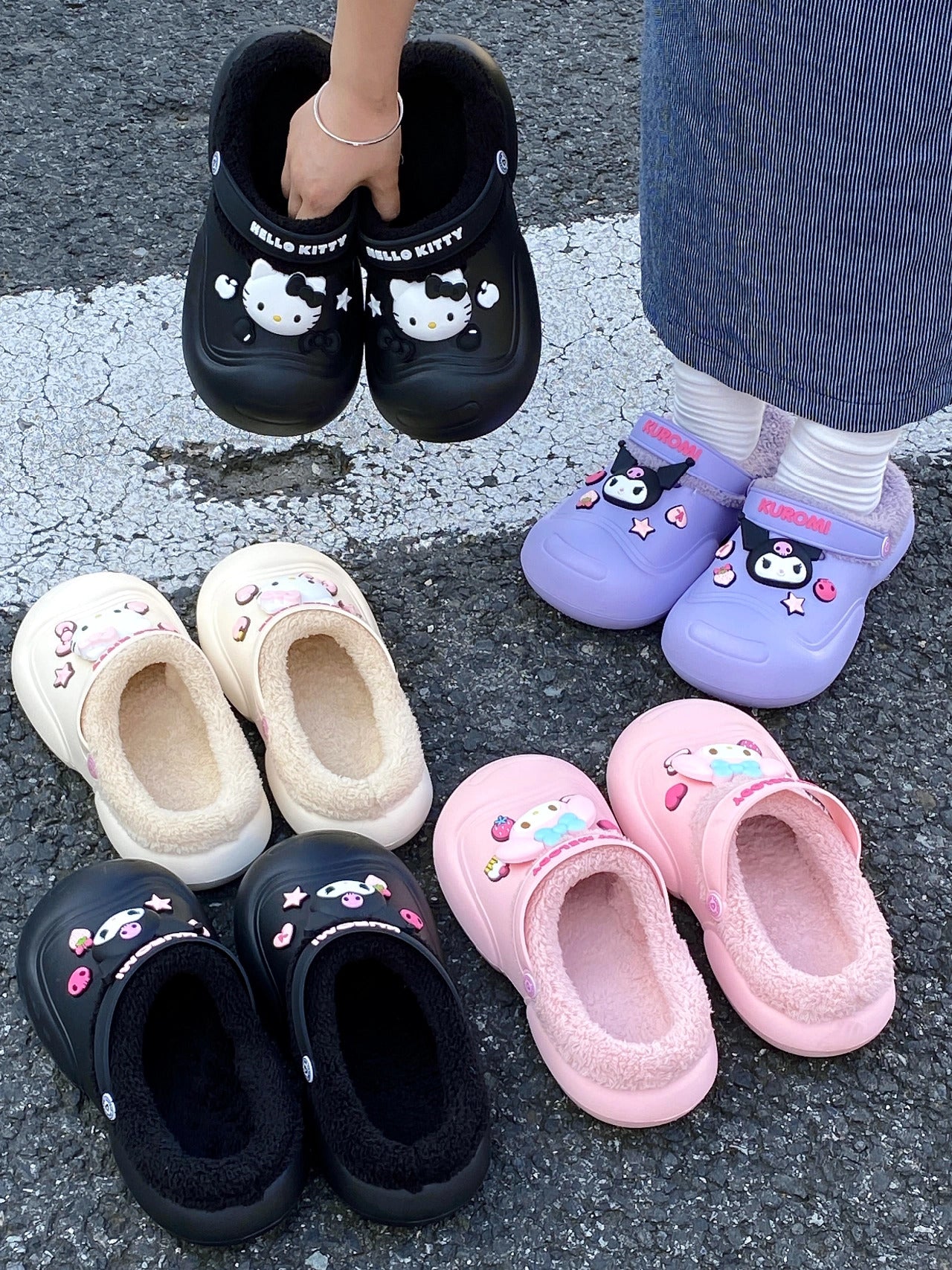 Sanrio Slides Fuzzy for Women Slippers Winter Warm Plush Comfy Non-Slip Waterproof House Cloud Slide Slippers for Indoor Outdoor