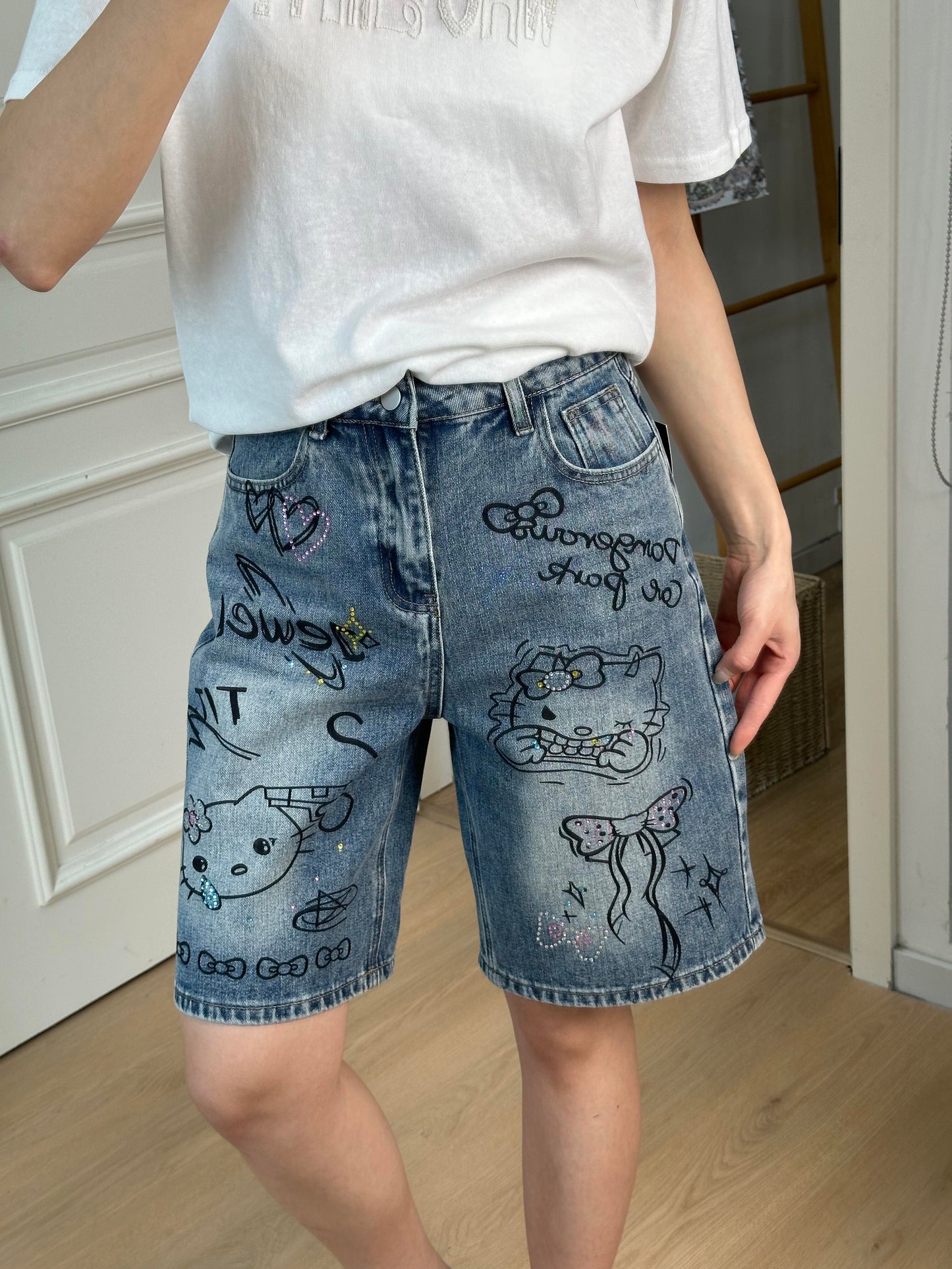Hellokitty Denim Short Casual Jeans Pants with Pockets