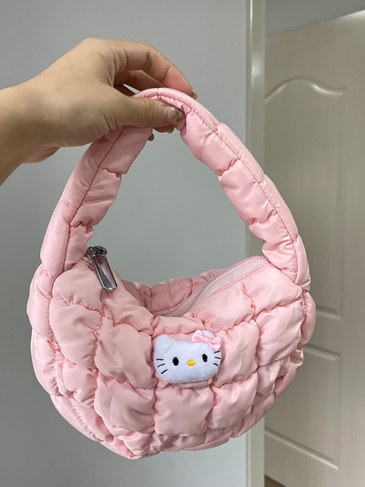 Hellokitty Pink Puffer Bag, Soft Puffy Bags for Women Light Winter Down Cotton Padded Quilted Tote Bag Handbag Purse