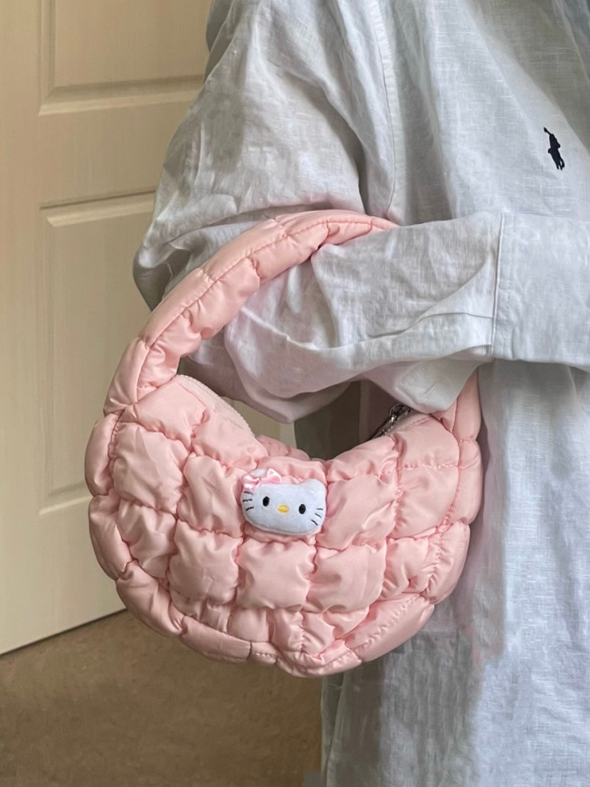 Hellokitty Pink Puffer Bag, Soft Puffy Bags for Women Light Winter Down Cotton Padded Quilted Tote Bag Handbag Purse