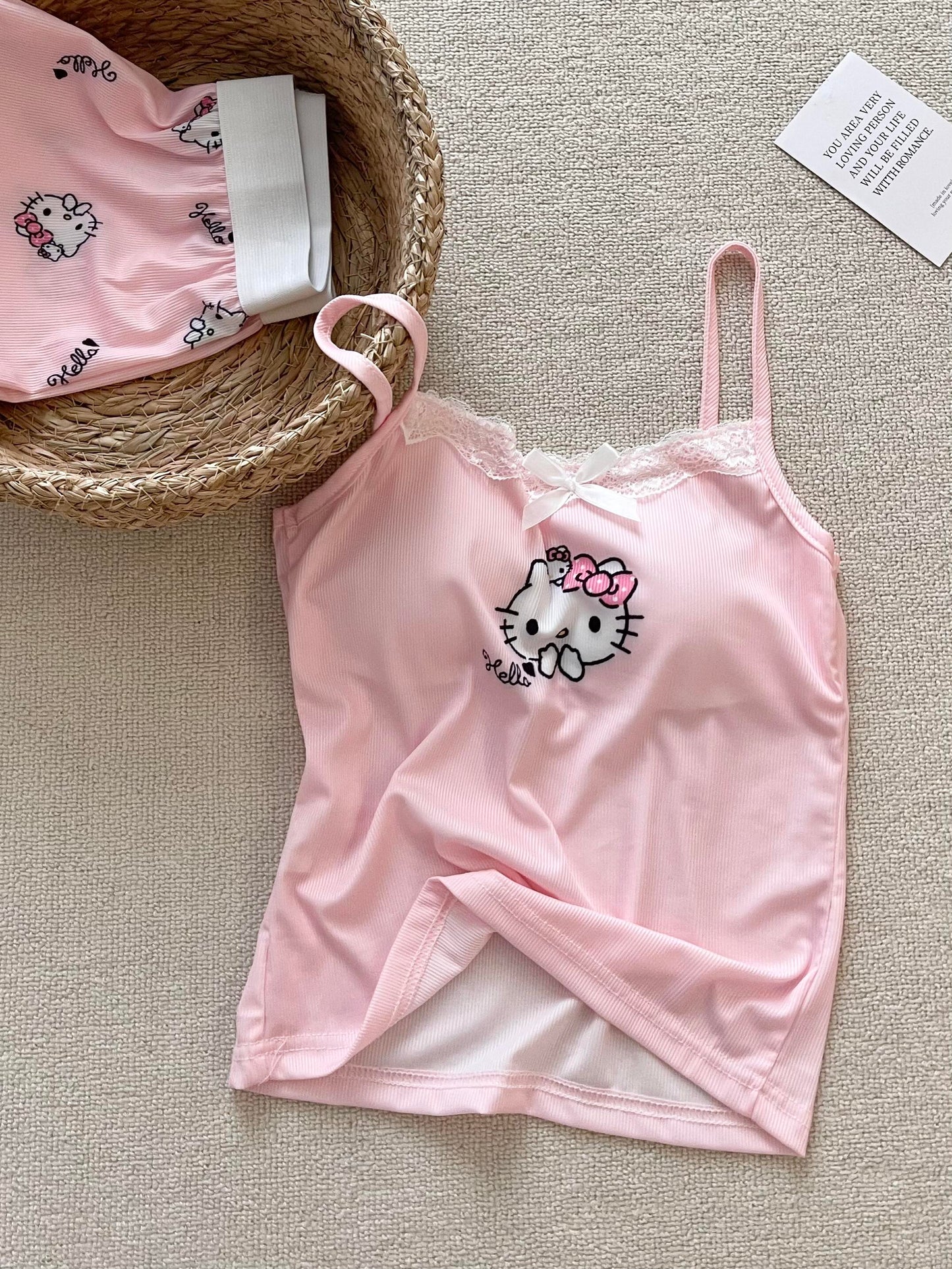 Hellokitty Pink Lace Pajama Set for Women 2 Piece Lingerie Sleepwear Camisole Pj Shorts Set Nightwear