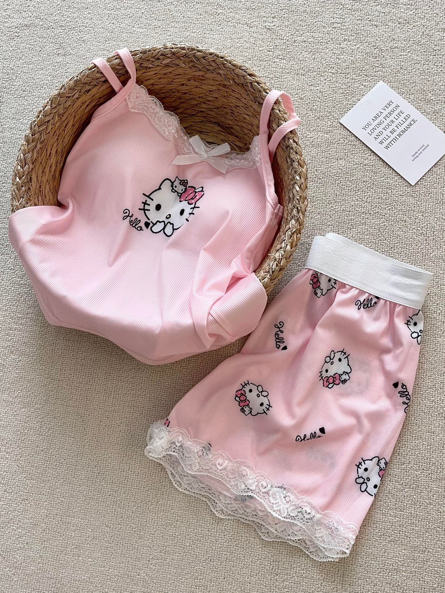 Hellokitty Pink Lace Pajama Set for Women 2 Piece Lingerie Sleepwear Camisole Pj Shorts Set Nightwear