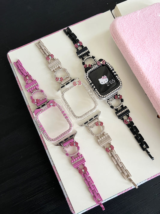 Hellokitty Apple Watch Band Bling Diamond Jewelry Metal Strap Bands with Screen Protector Case, Round Shiny Bracelet Wristband for iWatch Series