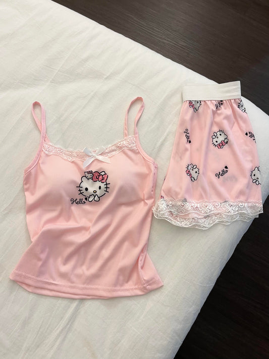 Hellokitty Pink Lace Pajama Set for Women 2 Piece Lingerie Sleepwear Camisole Pj Shorts Set Nightwear
