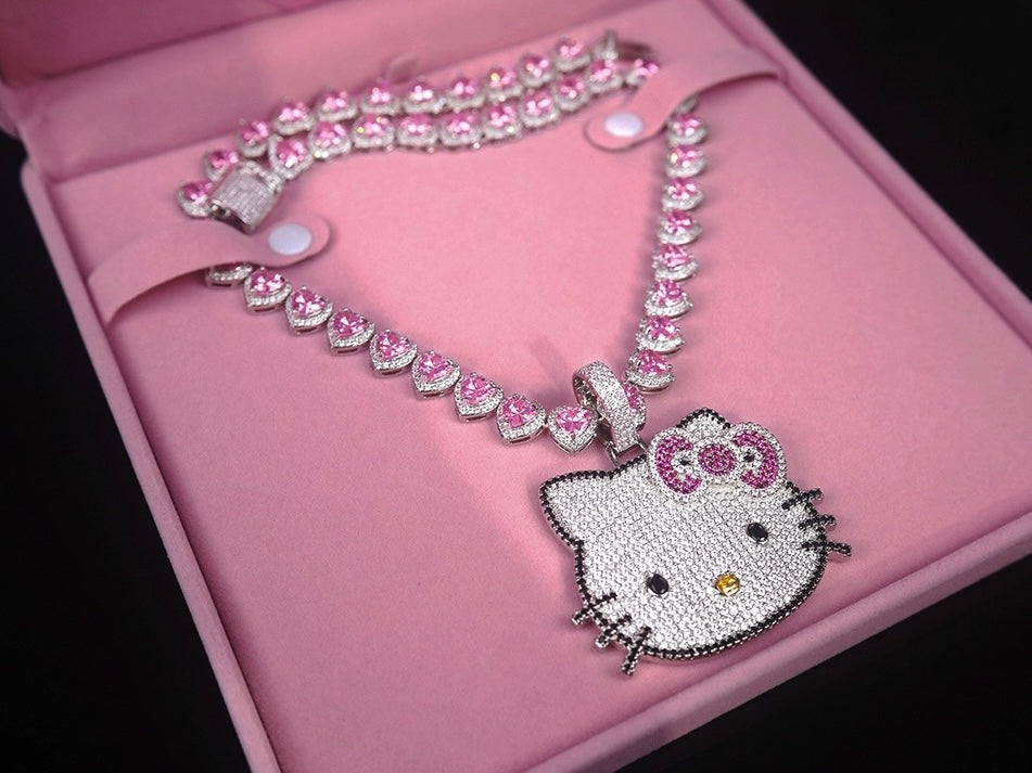 Hellokitty Sparkly Necklace Shiny Rhinestone Chunky Chain Necklace Punk Rock Style Costume Jewelry(Velvet Gift Box Packing)