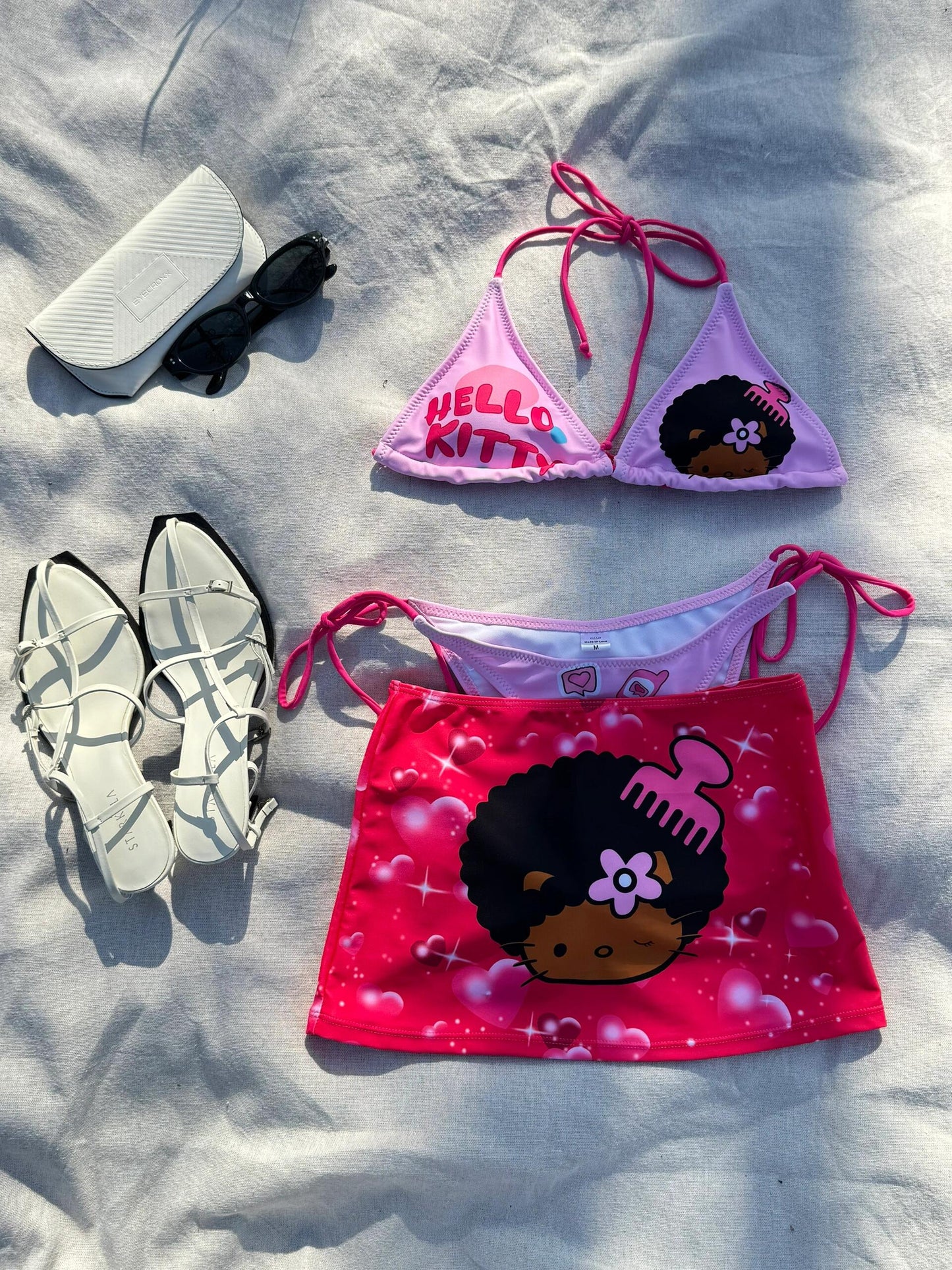 Hellokitty 3 Piece Bikini Sets - String Triangle Swimsuits with Cover Up Halter Sexy Bathing Suits