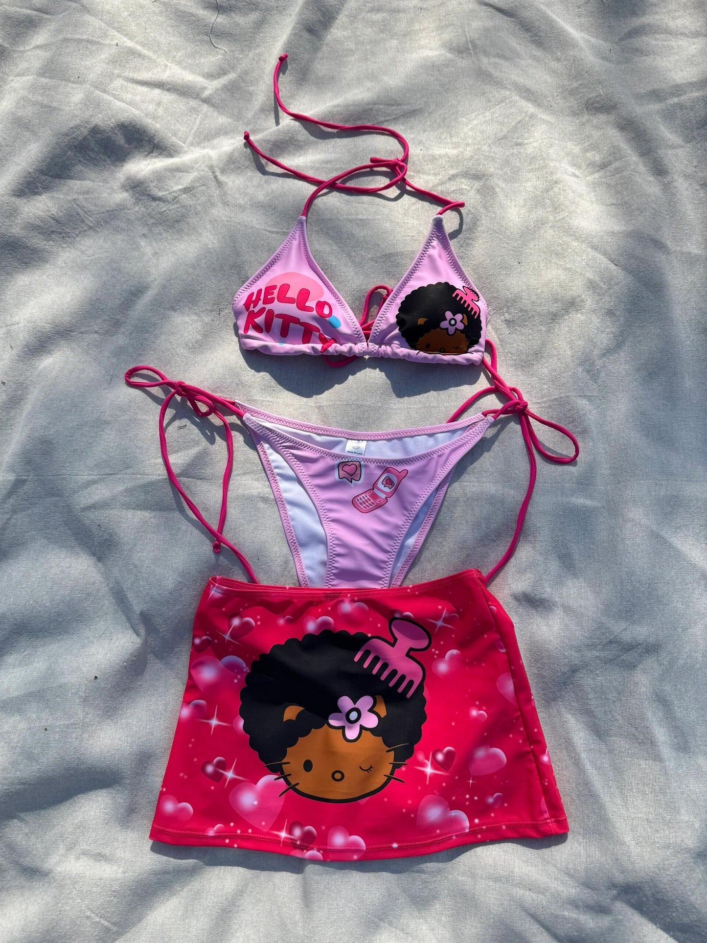 Hellokitty 3 Piece Bikini Sets - String Triangle Swimsuits with Cover Up Halter Sexy Bathing Suits