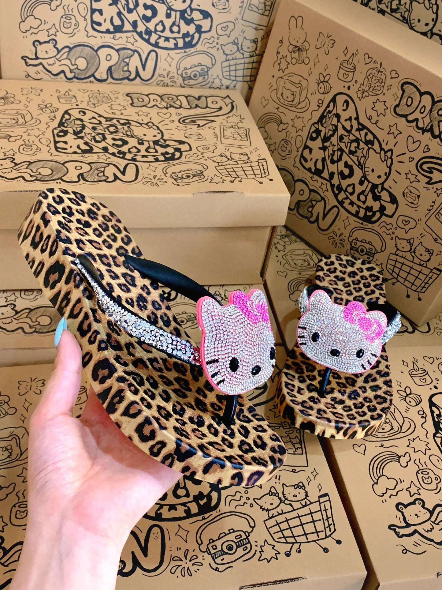 Hellokitty Handmade Rhinestone Leopard Print Women's Sandals Cute Slippers Non-Slip Flip Flops Low-Heeled Slippers(Customized Shoebox Packaging)