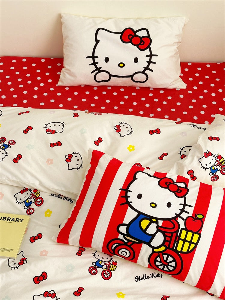 Hellokitty Duvet Cover Queen Set Pure Cotton Women Girl Quilt Cover Bedding Set 4 PCS 1 Queen Comfy Comforter Cover 2 Pillowcases 1 Bed sheet, no Comforter