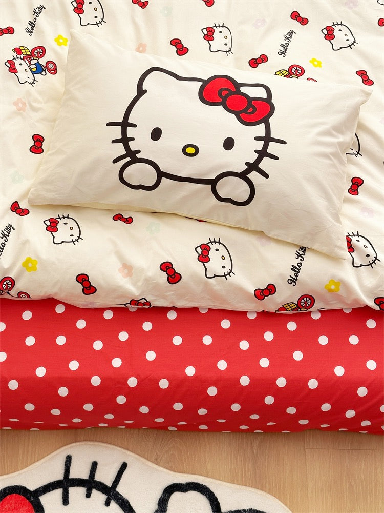 Hellokitty Duvet Cover Queen Set Pure Cotton Women Girl Quilt Cover Bedding Set 4 PCS 1 Queen Comfy Comforter Cover 2 Pillowcases 1 Bed sheet, no Comforter