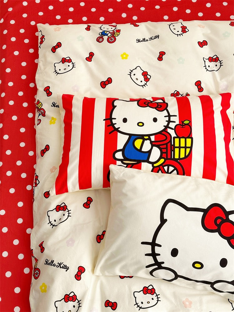 Hellokitty Duvet Cover Queen Set Pure Cotton Women Girl Quilt Cover Bedding Set 4 PCS 1 Queen Comfy Comforter Cover 2 Pillowcases 1 Bed sheet, no Comforter