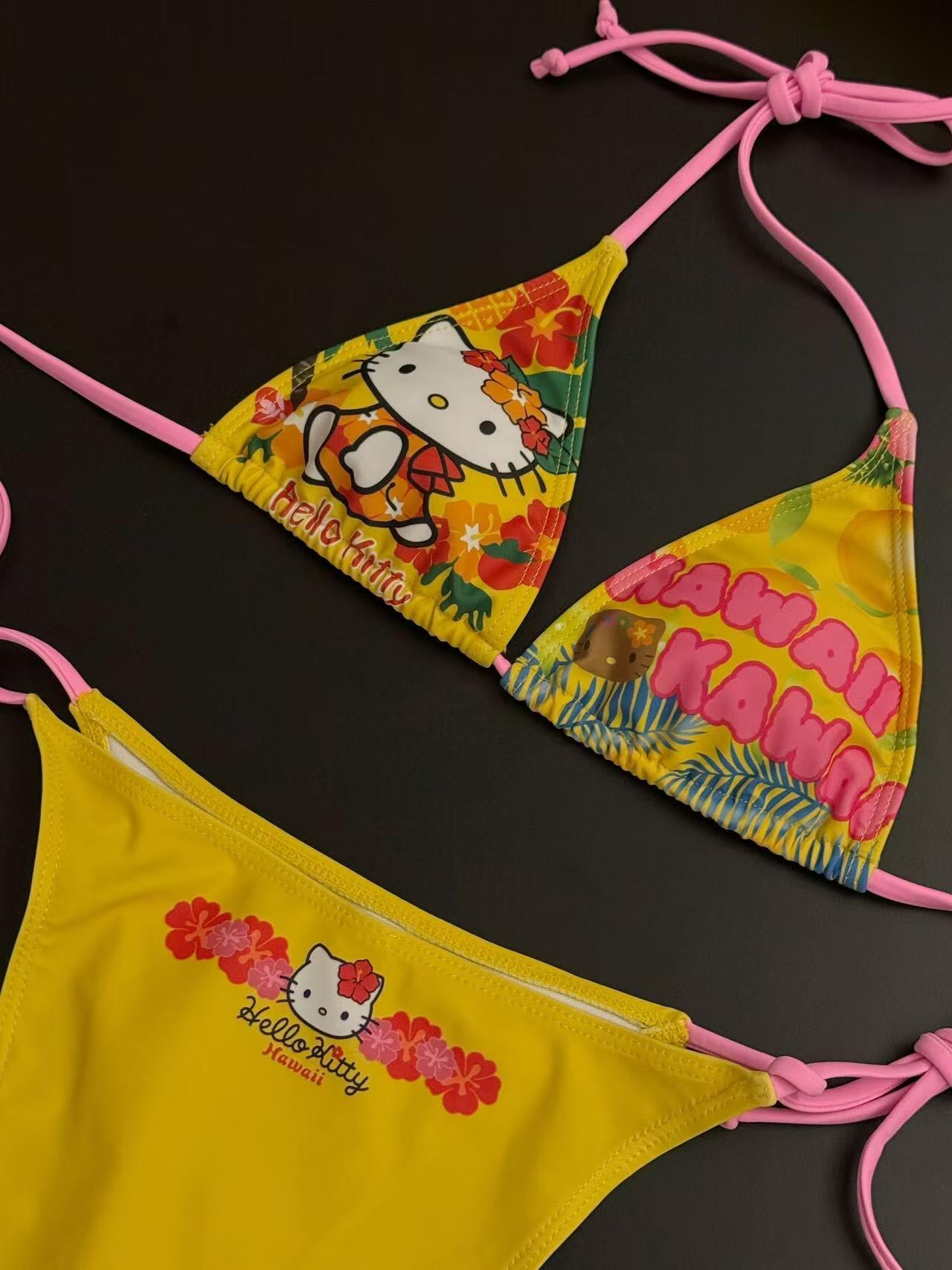 Hellokitty Yellow Halter Tie Side Triangle Bikini Set high Cut 2 Piece Bikini Swimsuit Bathing Suit