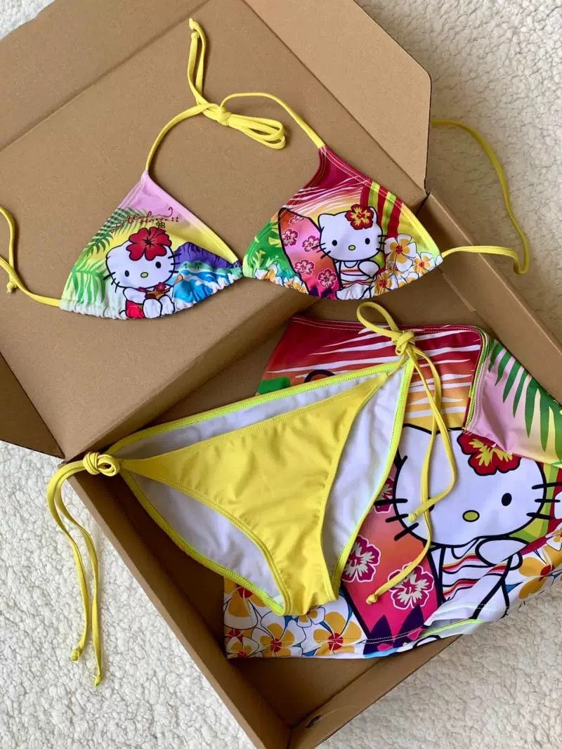 Hellokitty Yellow Halter Tie Side Triangle Bikini Set high Cut 2 Piece Bikini Swimsuit Bathing Suit