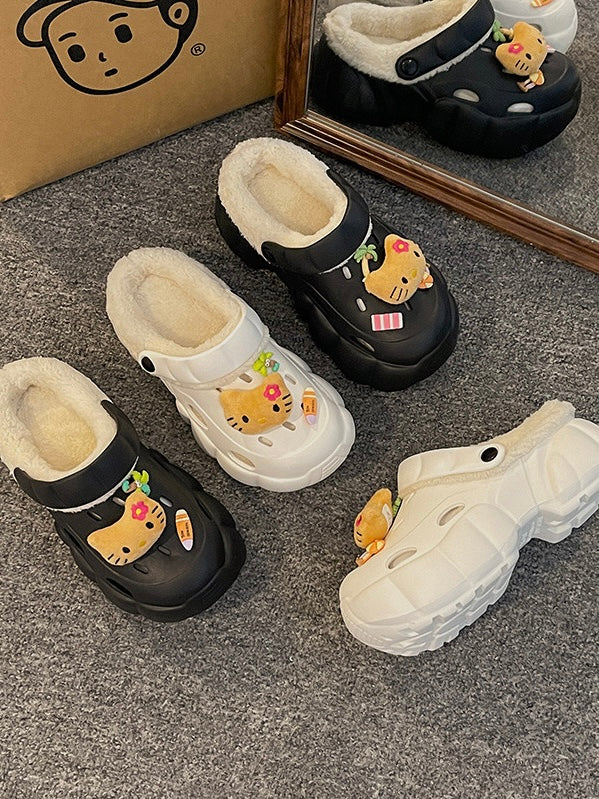 Hellokitty Fur Lined Clogs Waterproof Winter Fuzzy Slippers for Women Indoor Outdoor