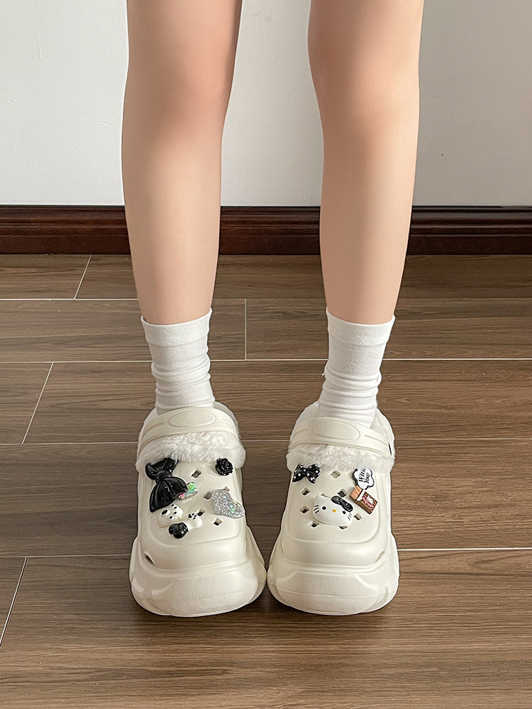 Hellokitty Fur Lined Clogs Waterproof Winter Fuzzy Slippers for Women Indoor Outdoor