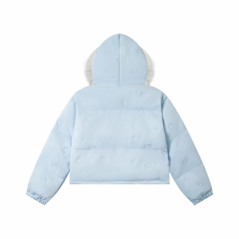 Hellokitty Winter Long Sleeve Zip Hooded Puffer Jacket Pockets Baggy Short Down Coat(Detachable hat fringe)