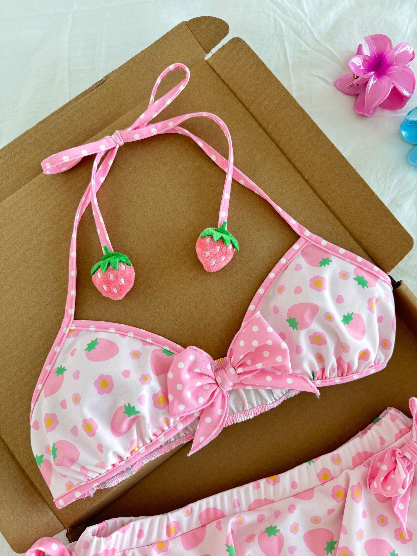 Pink Strawberry 2 Piece Swimsuit Bathing Suit Lace-up Top Ruffled Floral Summer Swimwear