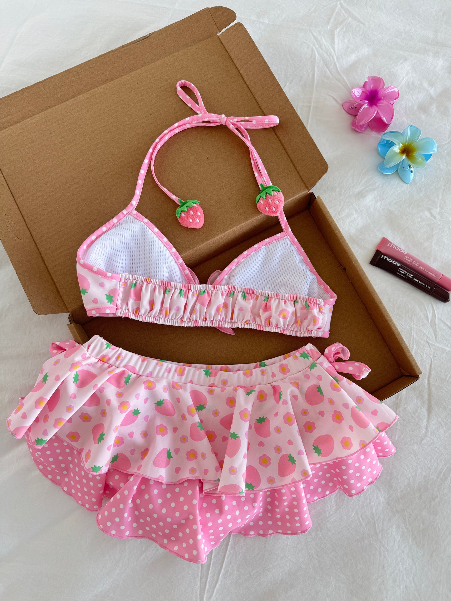 Pink Strawberry 2 Piece Swimsuit Bathing Suit Lace-up Top Ruffled Floral Summer Swimwear