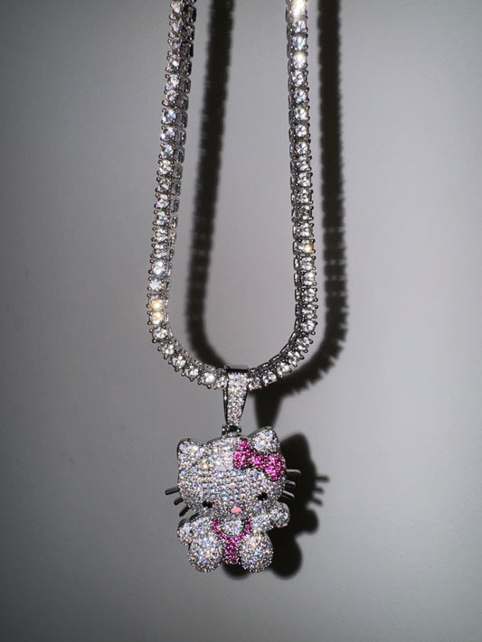 Hellokitty Shape Sparkly Necklace Shiny Rhinestone Tennis Chain Necklace Punk Rock Style Jewelry(Velvet Gift Box Packing)