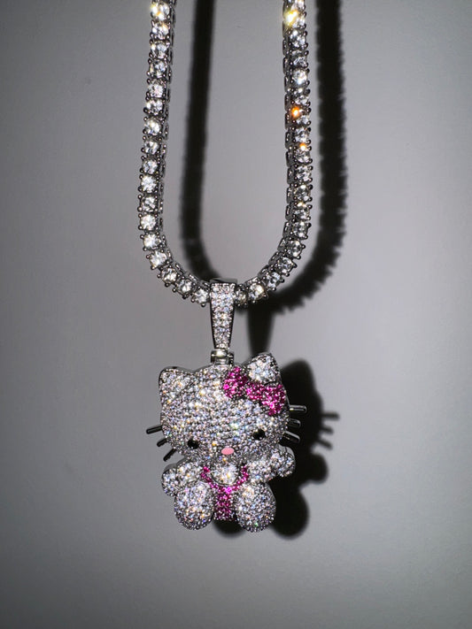 Hellokitty Shape Sparkly Necklace Shiny Rhinestone Tennis Chain Necklace Punk Rock Style Jewelry(Velvet Gift Box Packing)