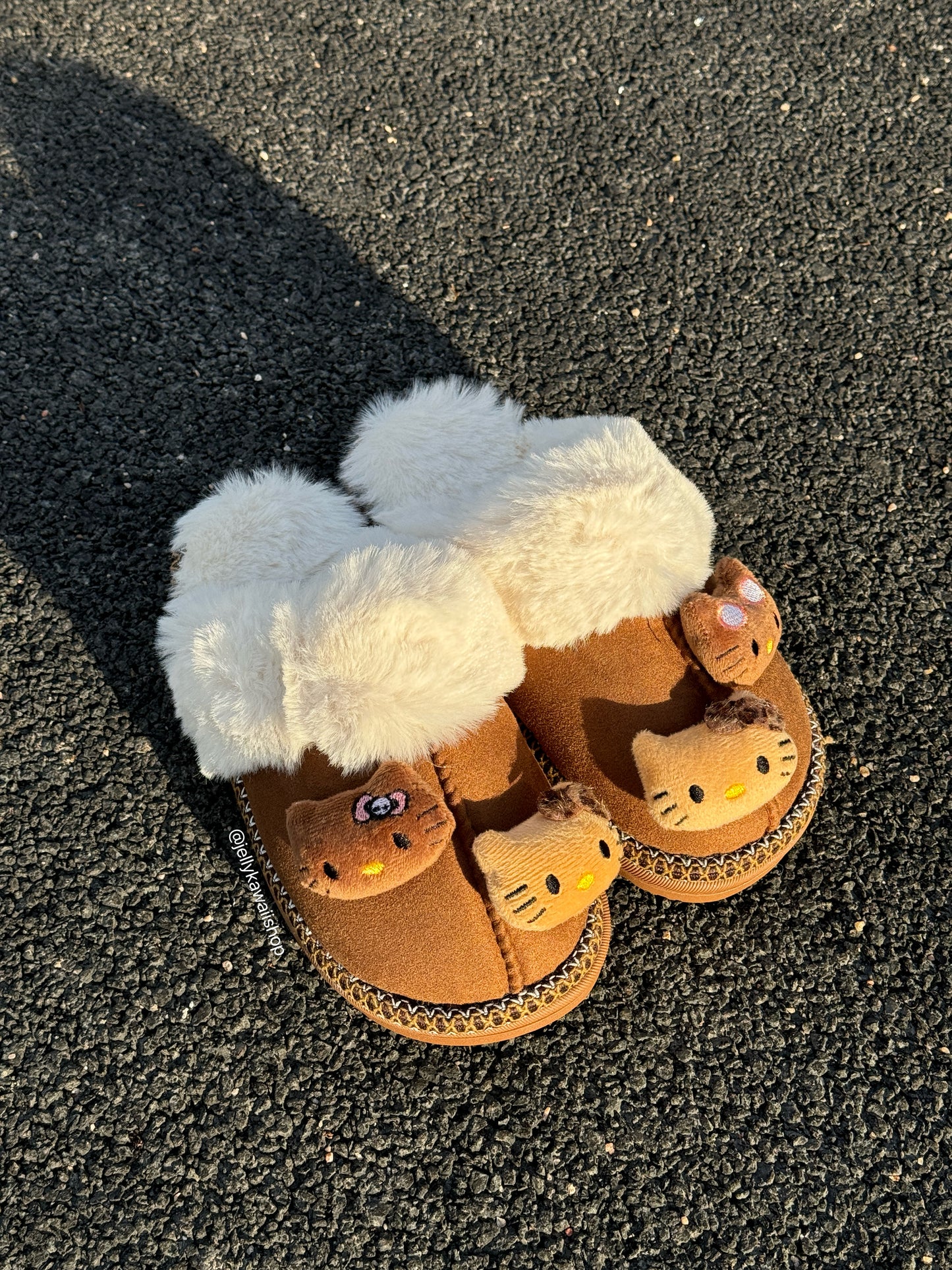 Hellokitty Fuzzy Brown Slippers Fluffy Winter House Shoes Indoor and Outdoor