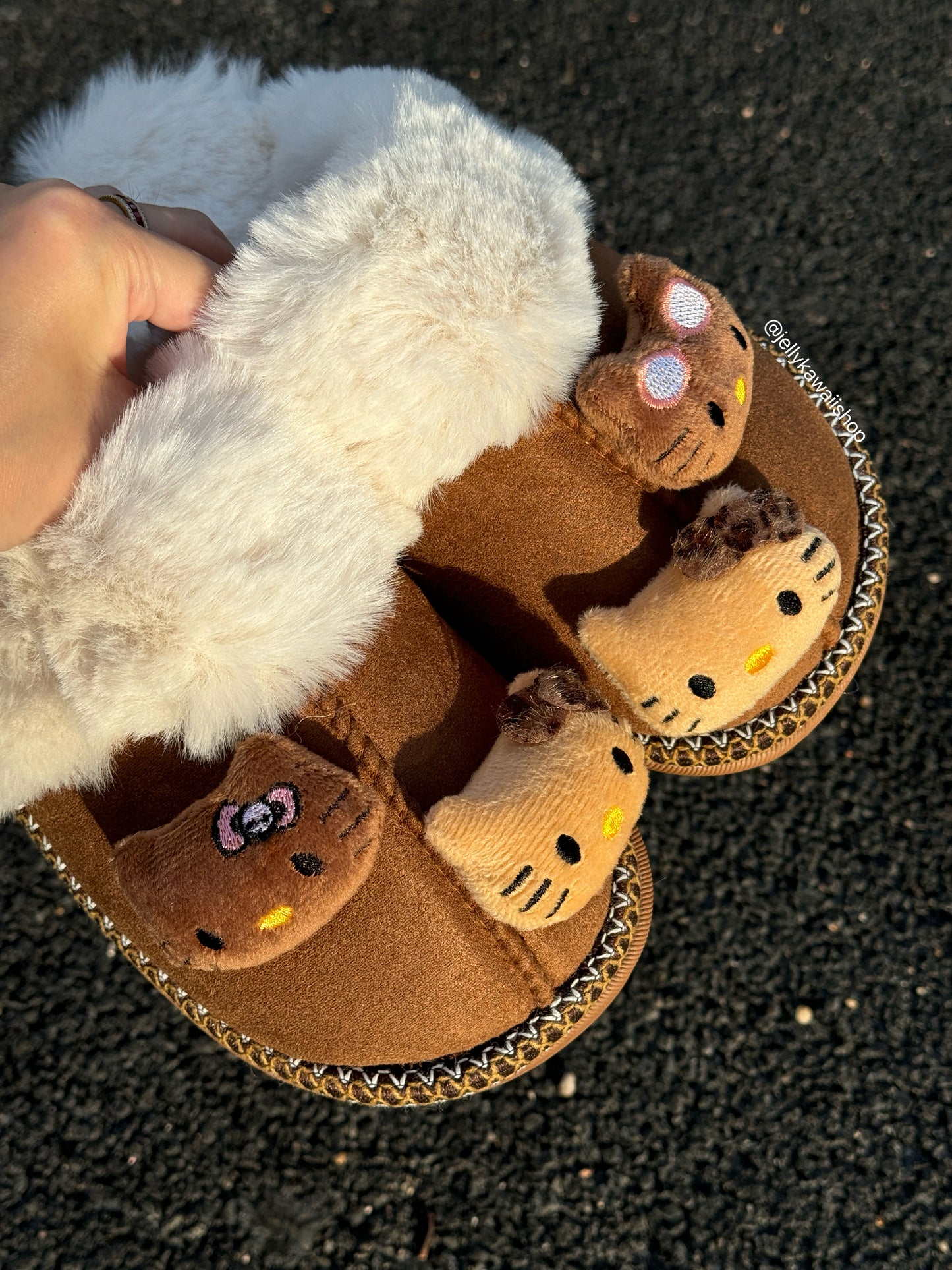 Hellokitty Fuzzy Brown Slippers Fluffy Winter House Shoes Indoor and Outdoor