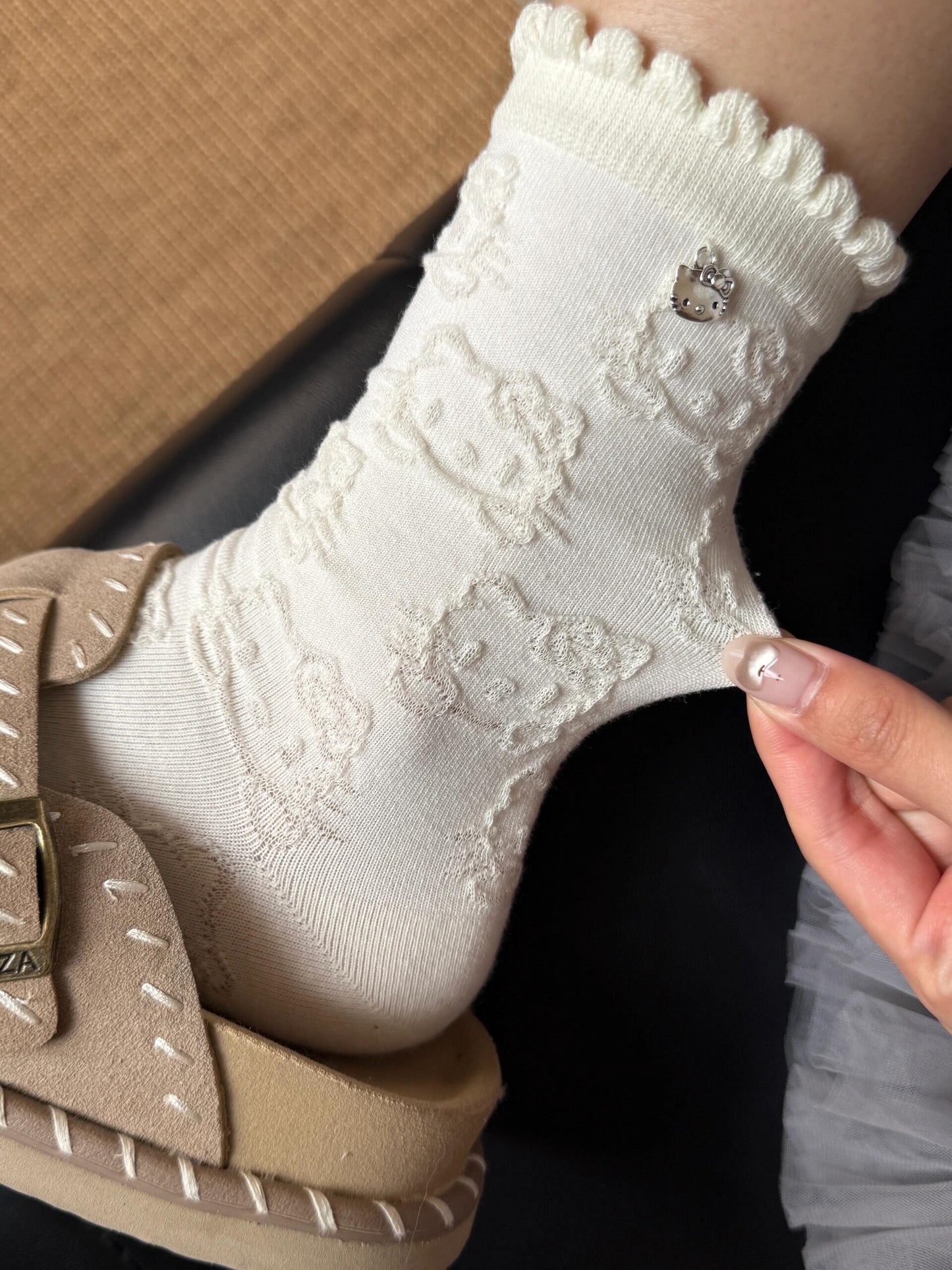 Hellokitty Pendant Accessories Socks Mid-calf Socks Embossed Lace Pile Socks Sweat-absorbent Cotton Socks
