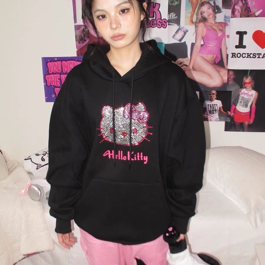 Hellokitty Rhinestone Hoodie Kawaii Pullover Cute Hooded Sweatshirt