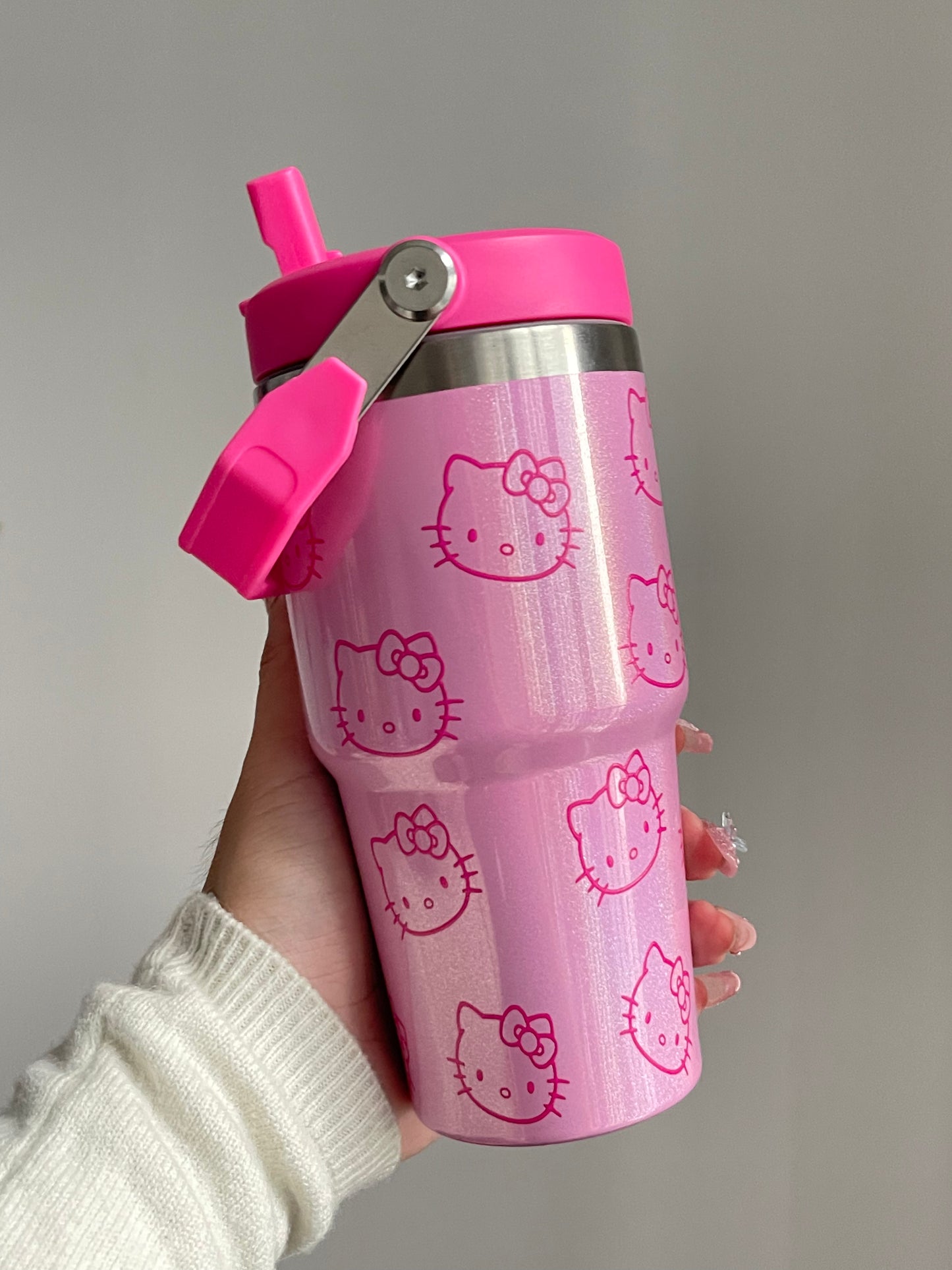 SipSweetie|Hellokitty Pink Stainless Steel Tumbler with Straw - Vacuum Insulated Water Bottle for Home Office or Car Reusable Cup Leak Resistant Flip #0011