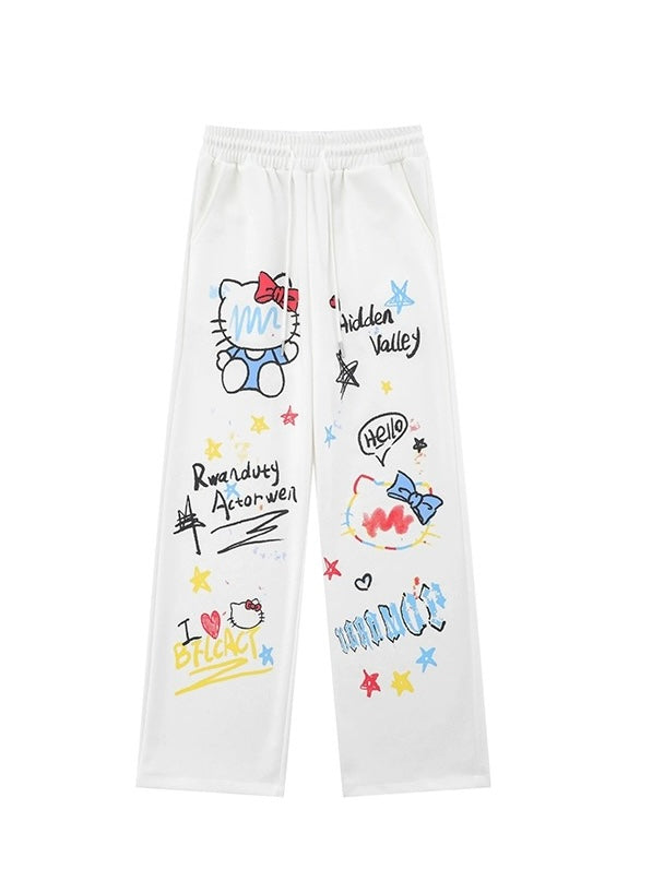 Hellokitty Women's Drawstring High Waisted Wide Leg Long Pants Casual Sweatpants