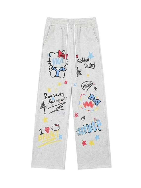 Hellokitty Women's Drawstring High Waisted Wide Leg Long Pants Casual Sweatpants