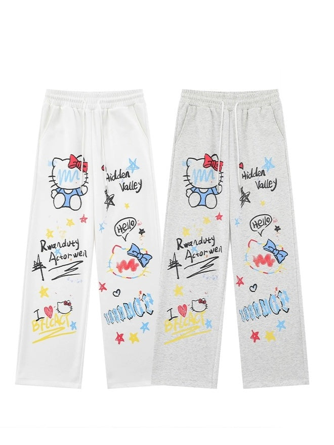Hellokitty Women's Drawstring High Waisted Wide Leg Long Pants Casual Sweatpants