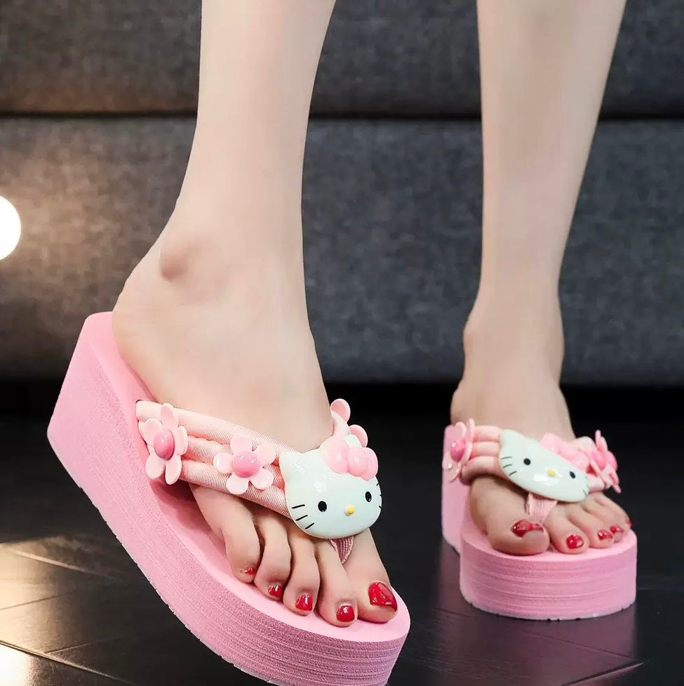 Hellokitty Pink Floral Sandals Cute Slippers Non-Slip Flip Flops Chunky Slippers