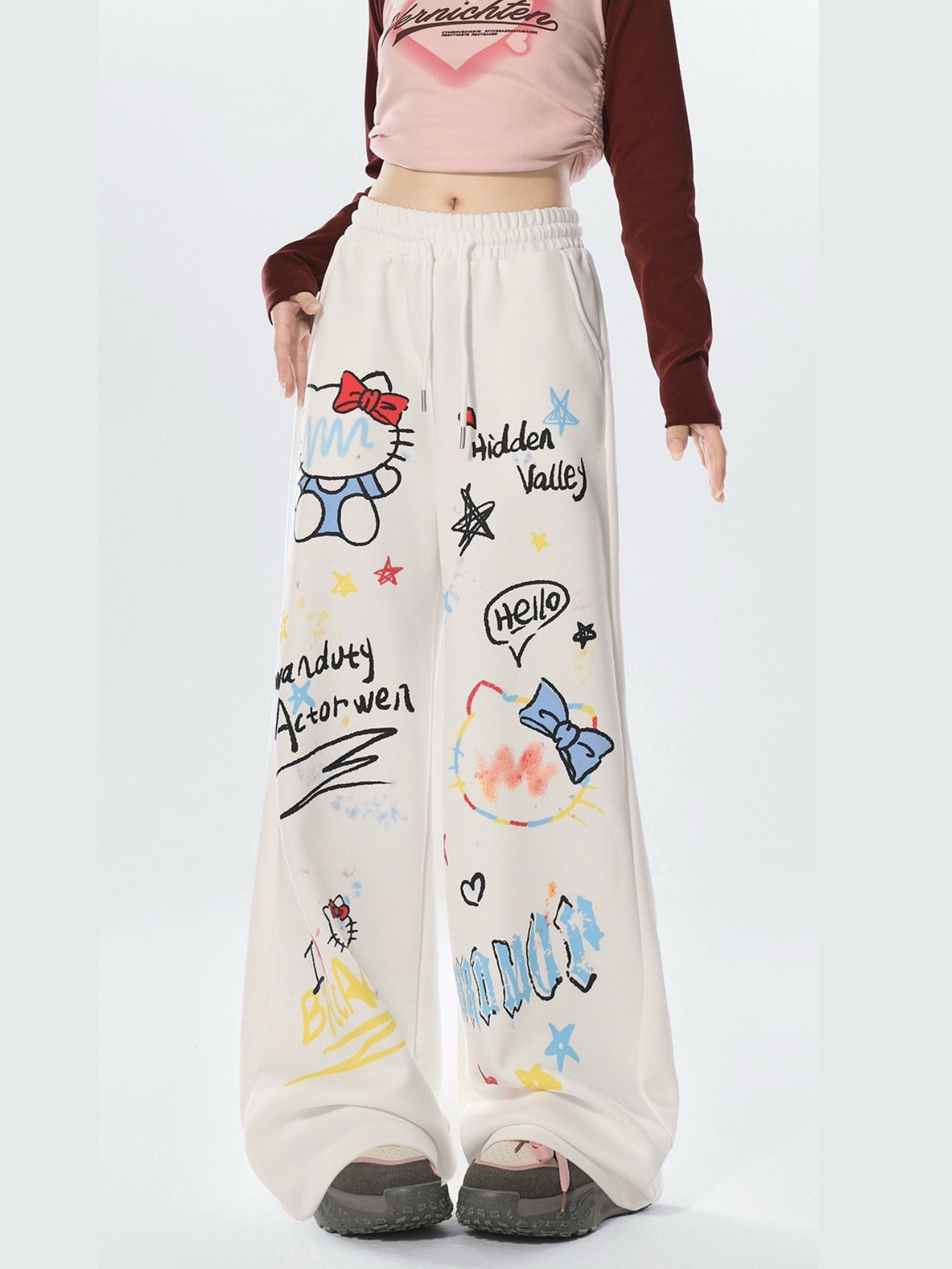 Hellokitty Women's Drawstring High Waisted Wide Leg Long Pants Casual Sweatpants