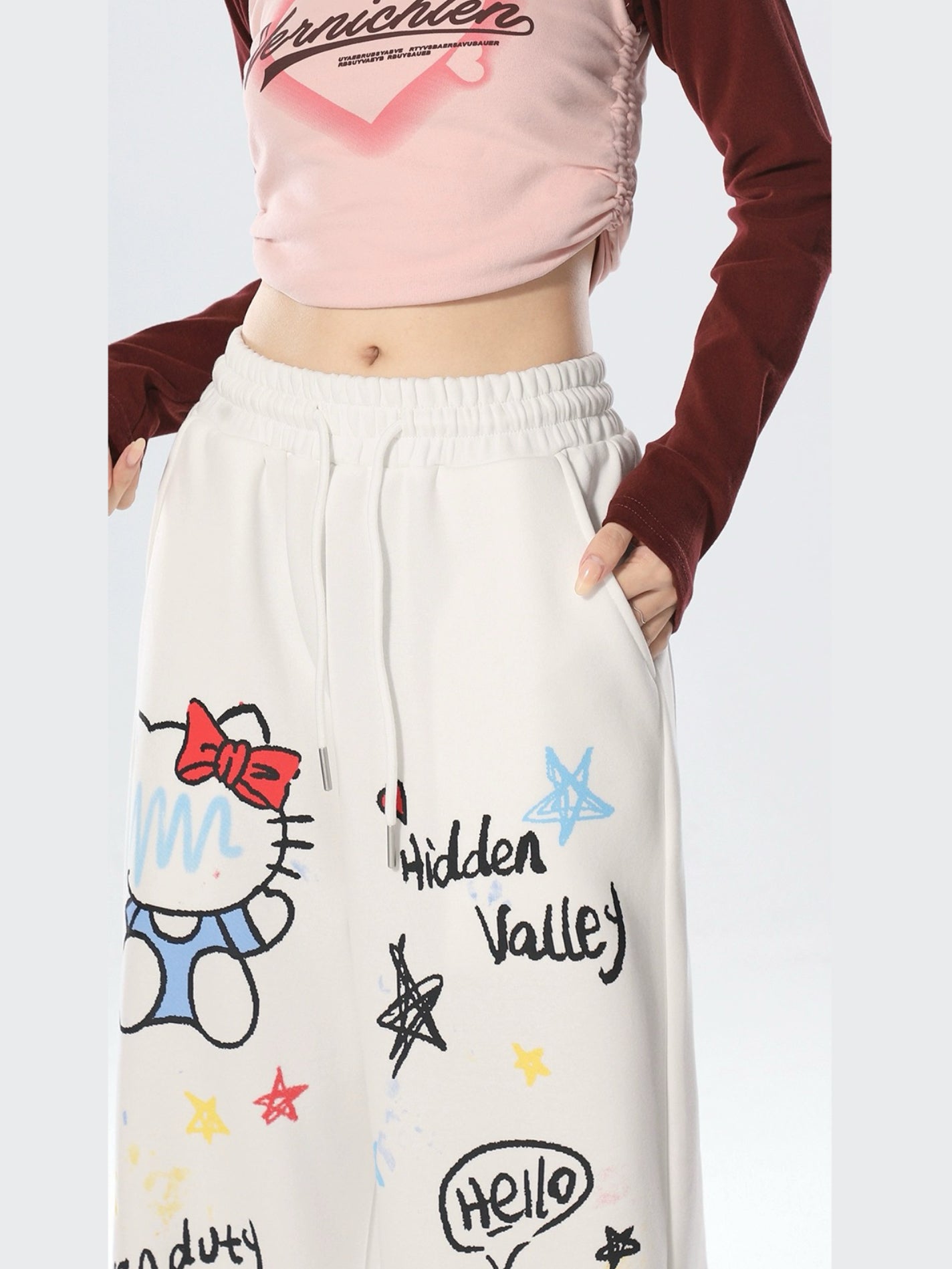 Hellokitty Women's Drawstring High Waisted Wide Leg Long Pants Casual Sweatpants