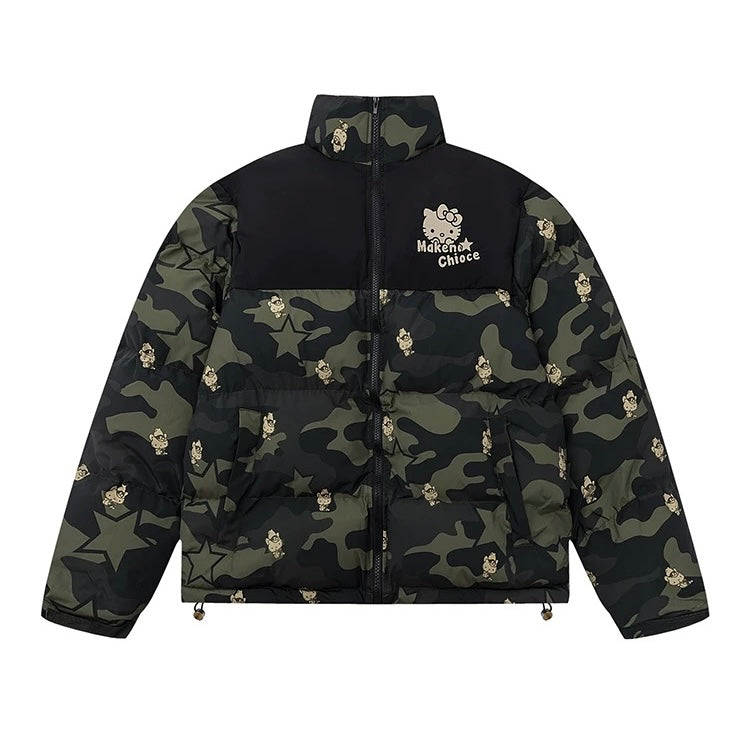 Hellokitty Camouflage Winter Long Sleeve Zip Puffer Jacket Pockets Baggy Short Down Coats