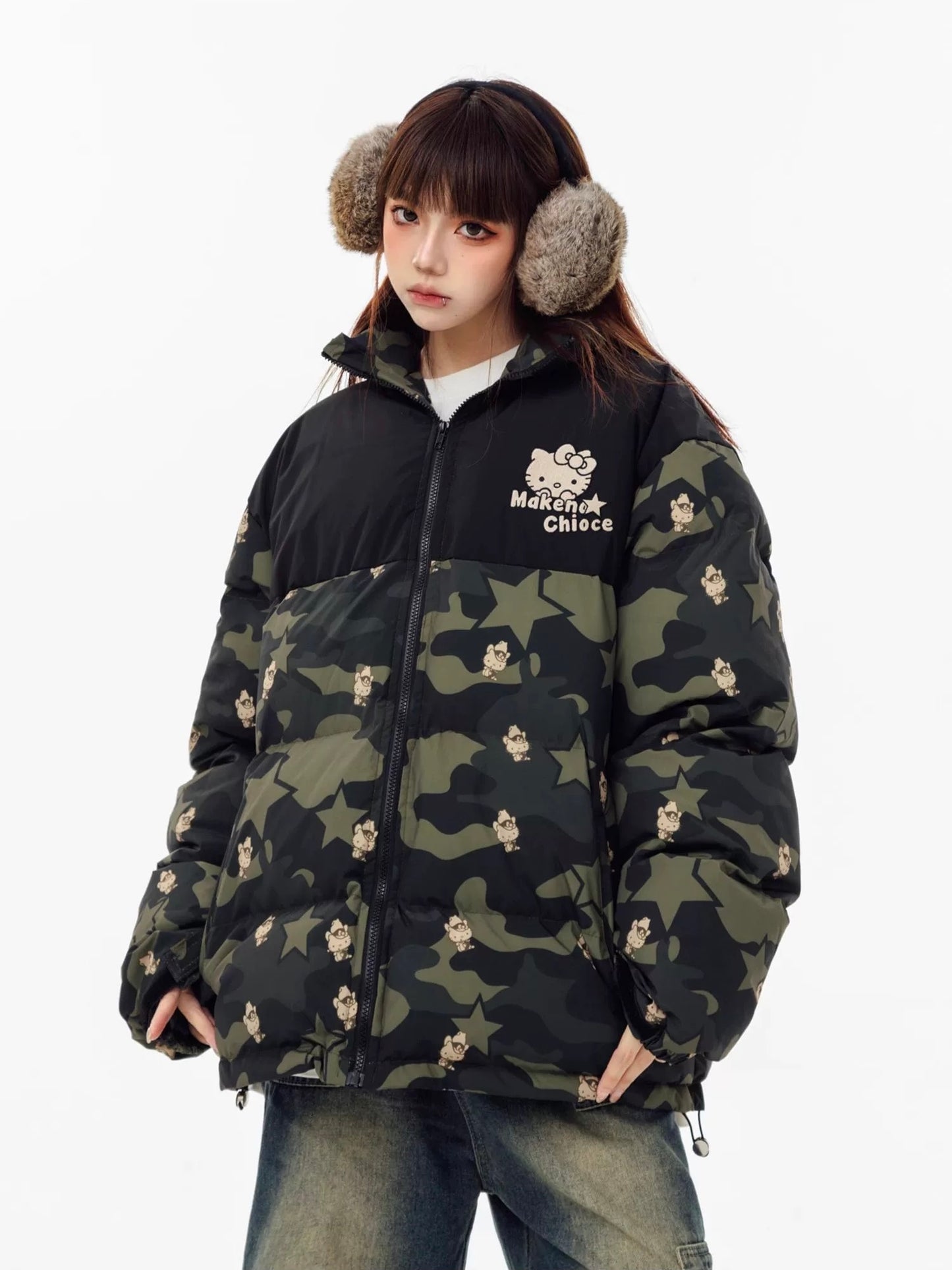 Hellokitty Camouflage Winter Long Sleeve Zip Puffer Jacket Pockets Baggy Short Down Coats