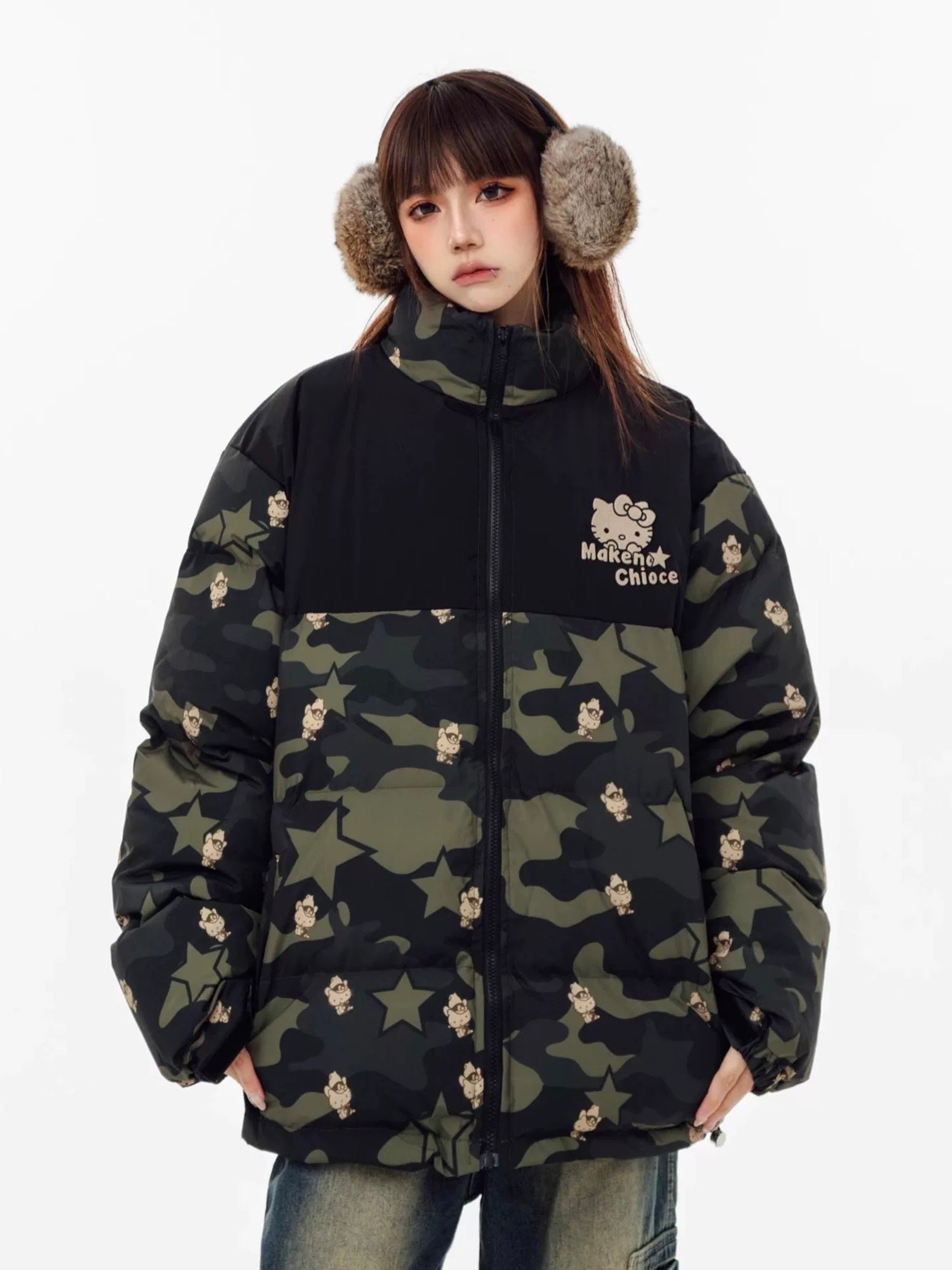 Hellokitty Camouflage Winter Long Sleeve Zip Puffer Jacket Pockets Bag –  jellykawaii