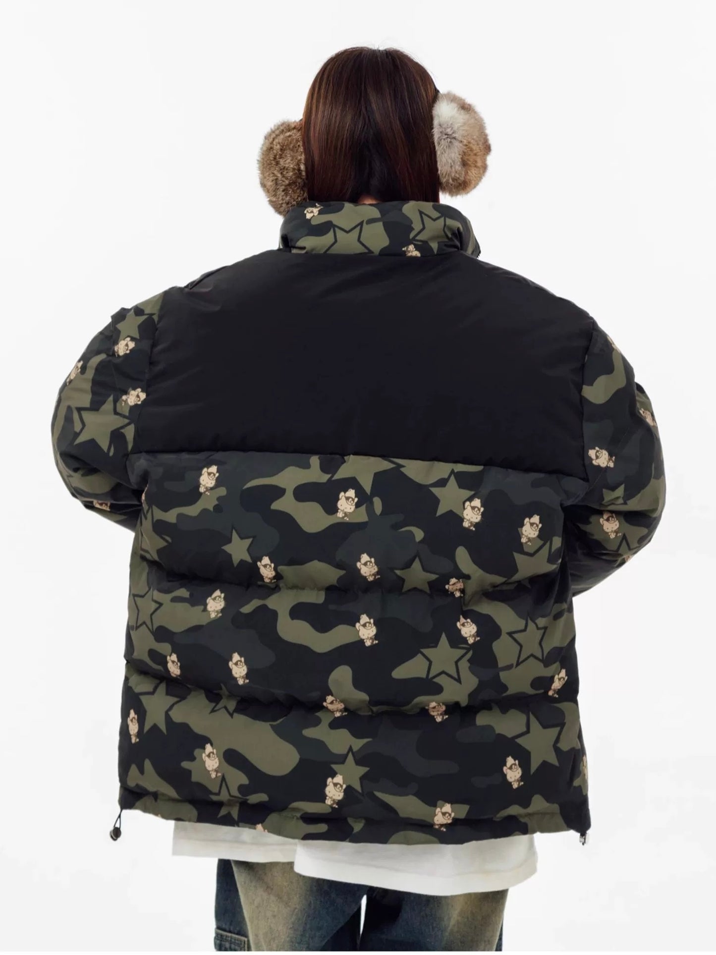Hellokitty Camouflage Winter Long Sleeve Zip Puffer Jacket Pockets Baggy Short Down Coats