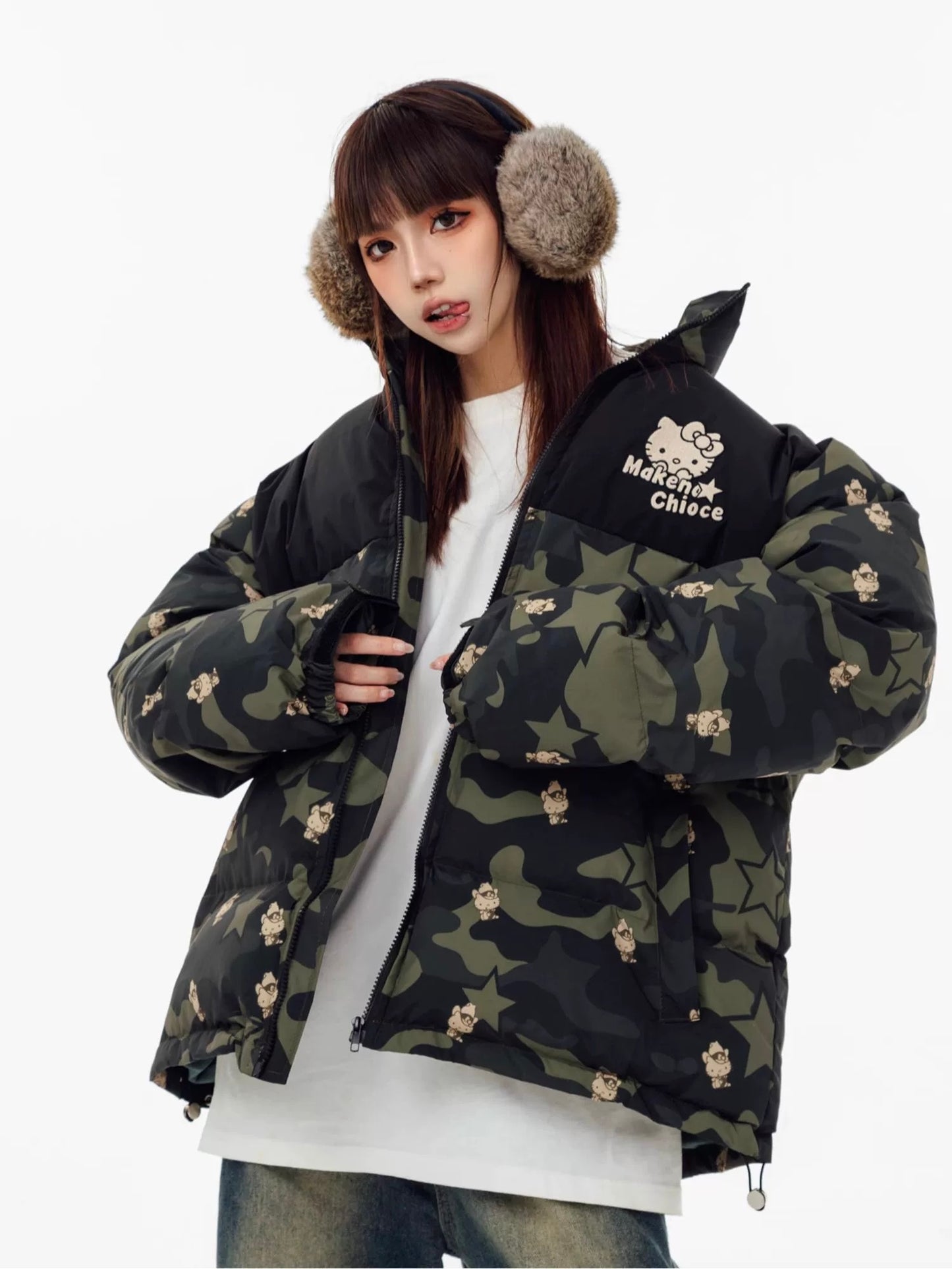 Hellokitty Camouflage Winter Long Sleeve Zip Puffer Jacket Pockets Baggy Short Down Coats