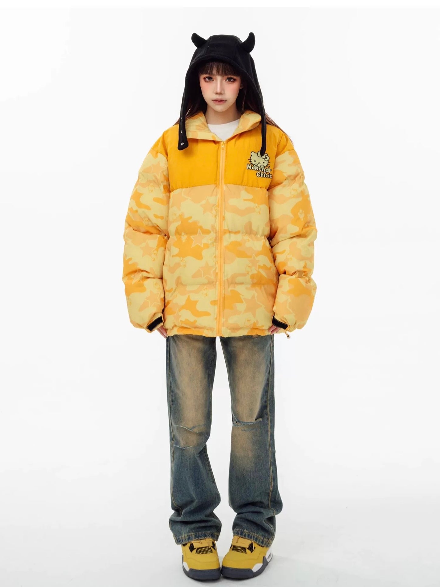 Hellokitty Camouflage Winter Long Sleeve Zip Puffer Jacket Pockets Baggy Short Down Coats