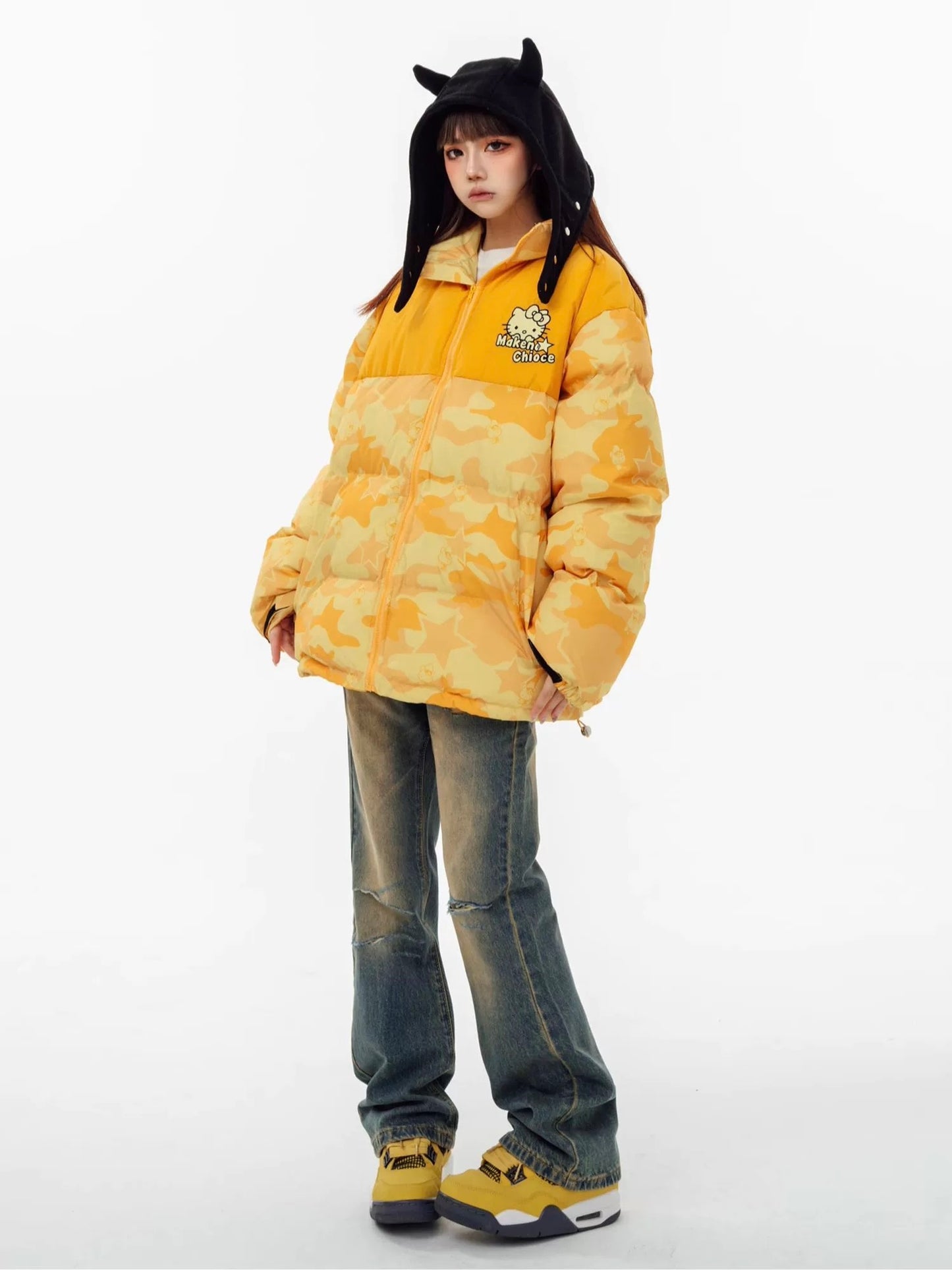 Hellokitty Camouflage Winter Long Sleeve Zip Puffer Jacket Pockets Baggy Short Down Coats
