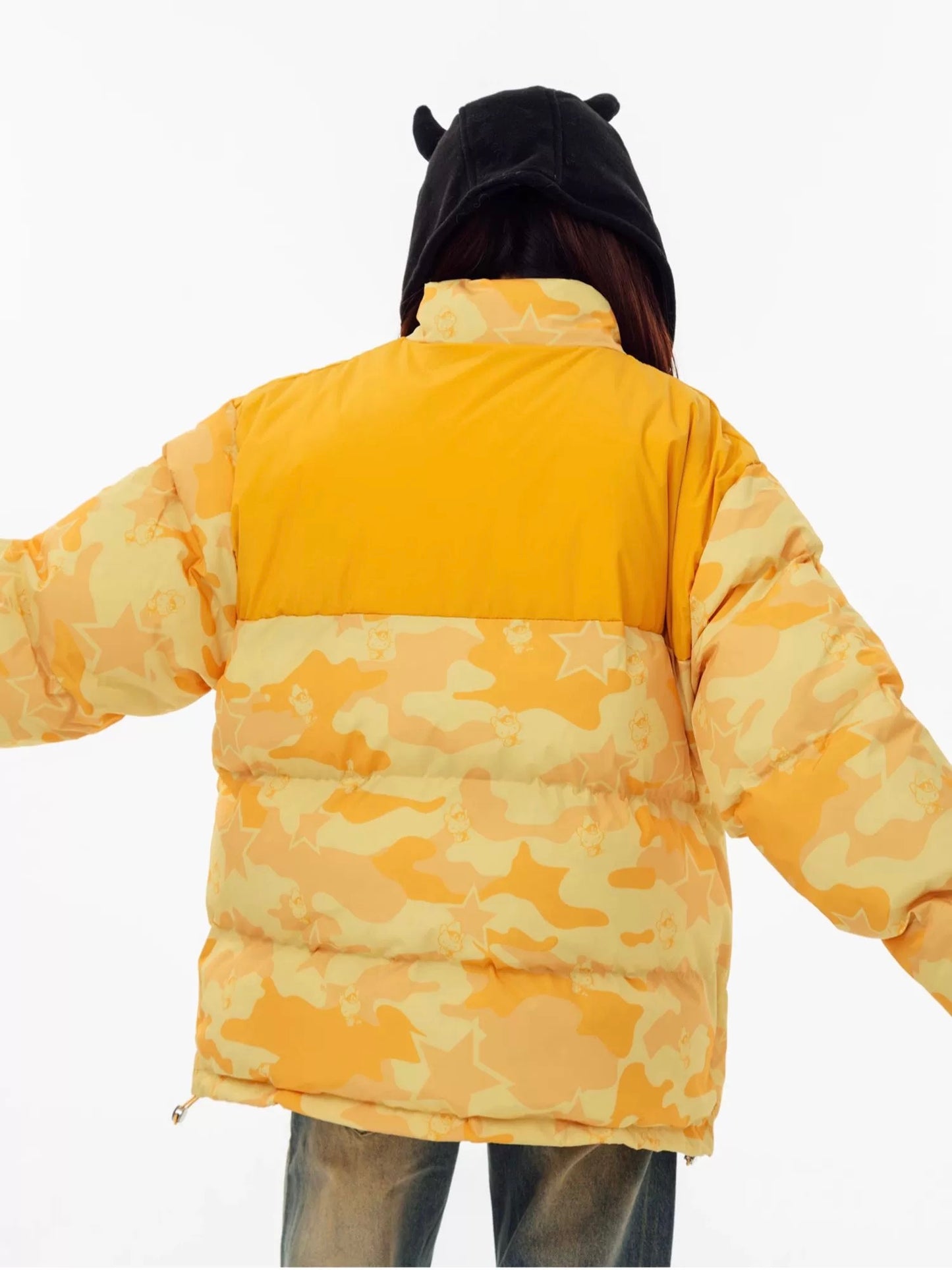 Hellokitty Camouflage Winter Long Sleeve Zip Puffer Jacket Pockets Baggy Short Down Coats