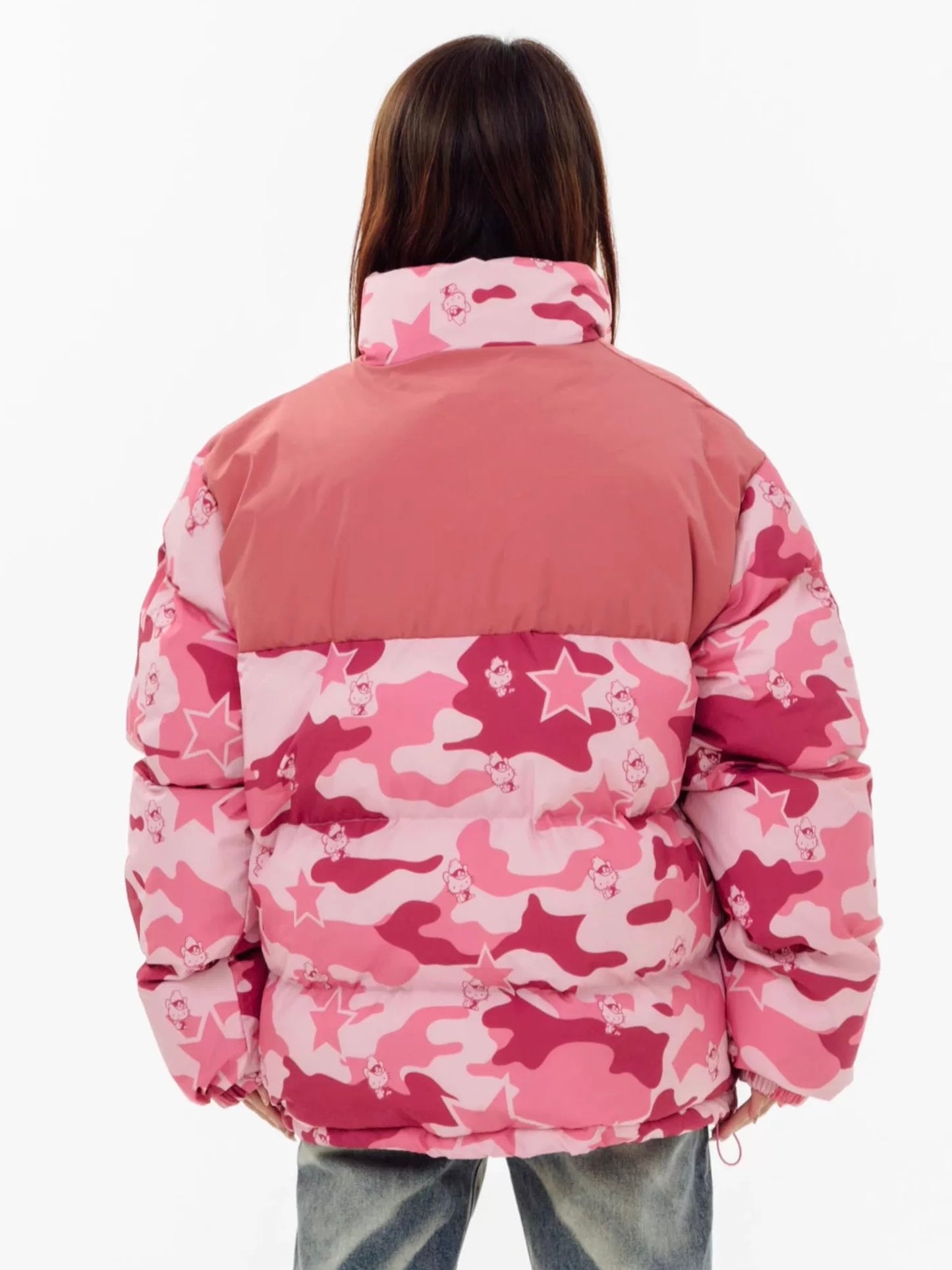 Hellokitty Camouflage Winter Long Sleeve Zip Puffer Jacket Pockets Baggy Short Down Coats