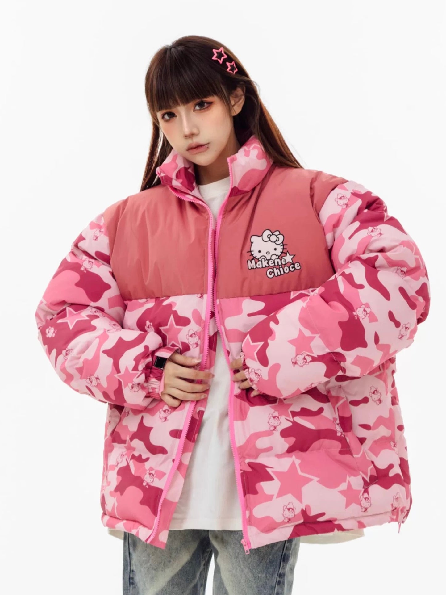 Hellokitty Camouflage Winter Long Sleeve Zip Puffer Jacket Pockets Baggy Short Down Coats